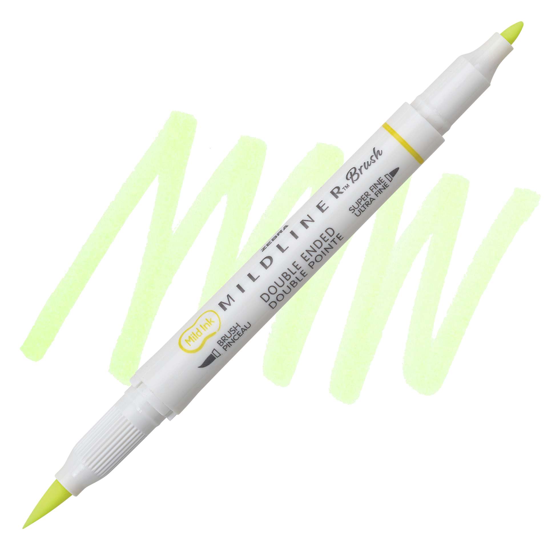 Zebra Mildliner Double Ended Brush Pen - Yellow, swatch and pen