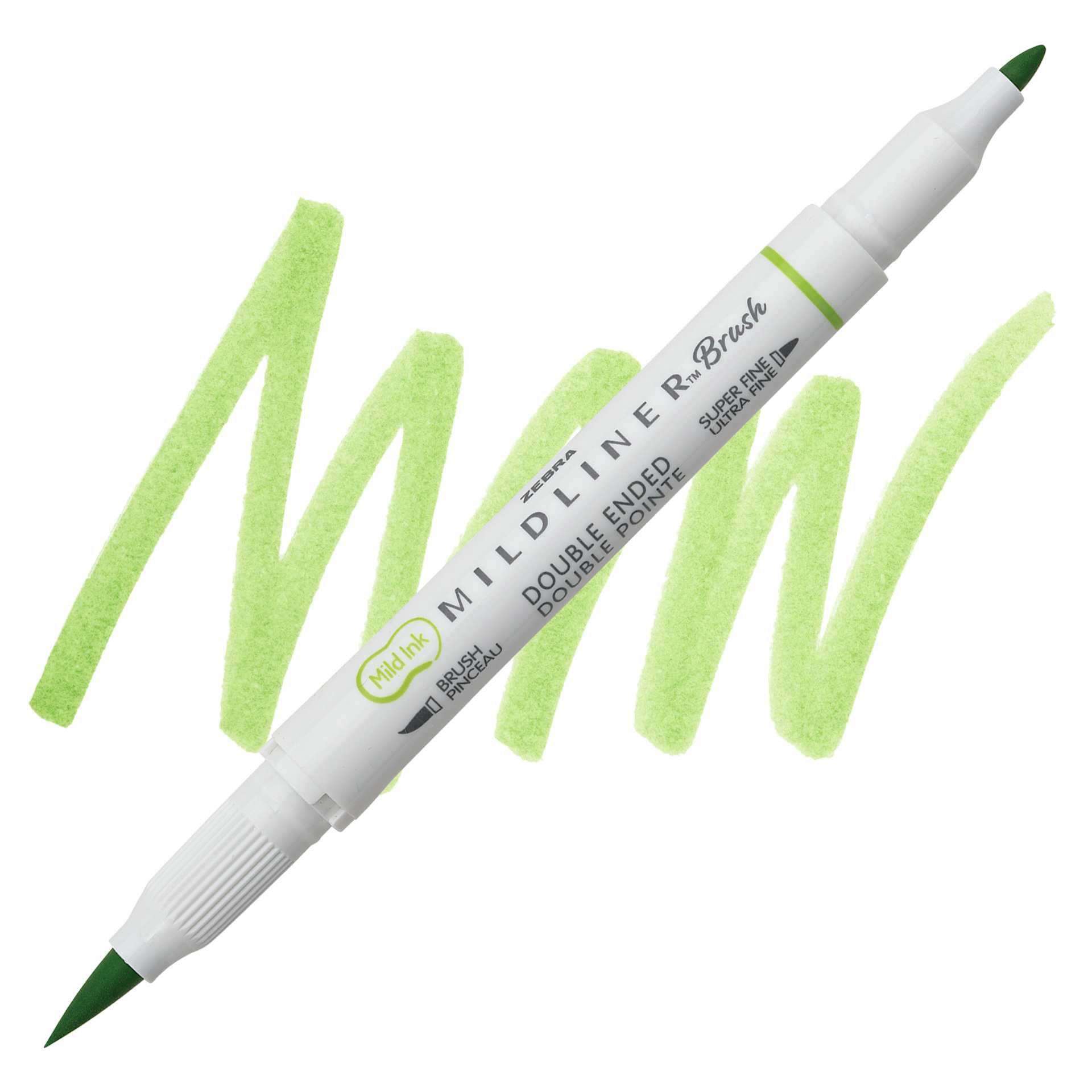 Zebra Mildliner Double Ended Brush Pen - Green, swatch and pen