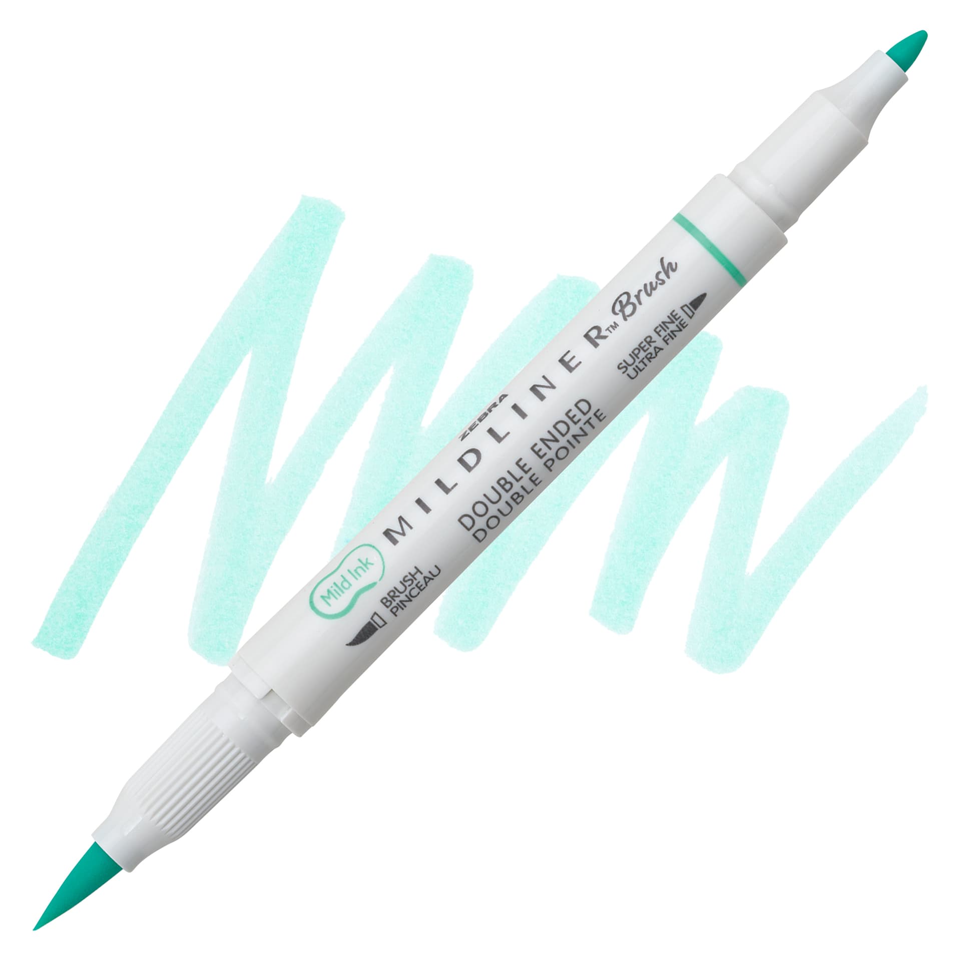 Zebra Mildliner Double Ended Brush Pen - Blue Green, swatch and pen