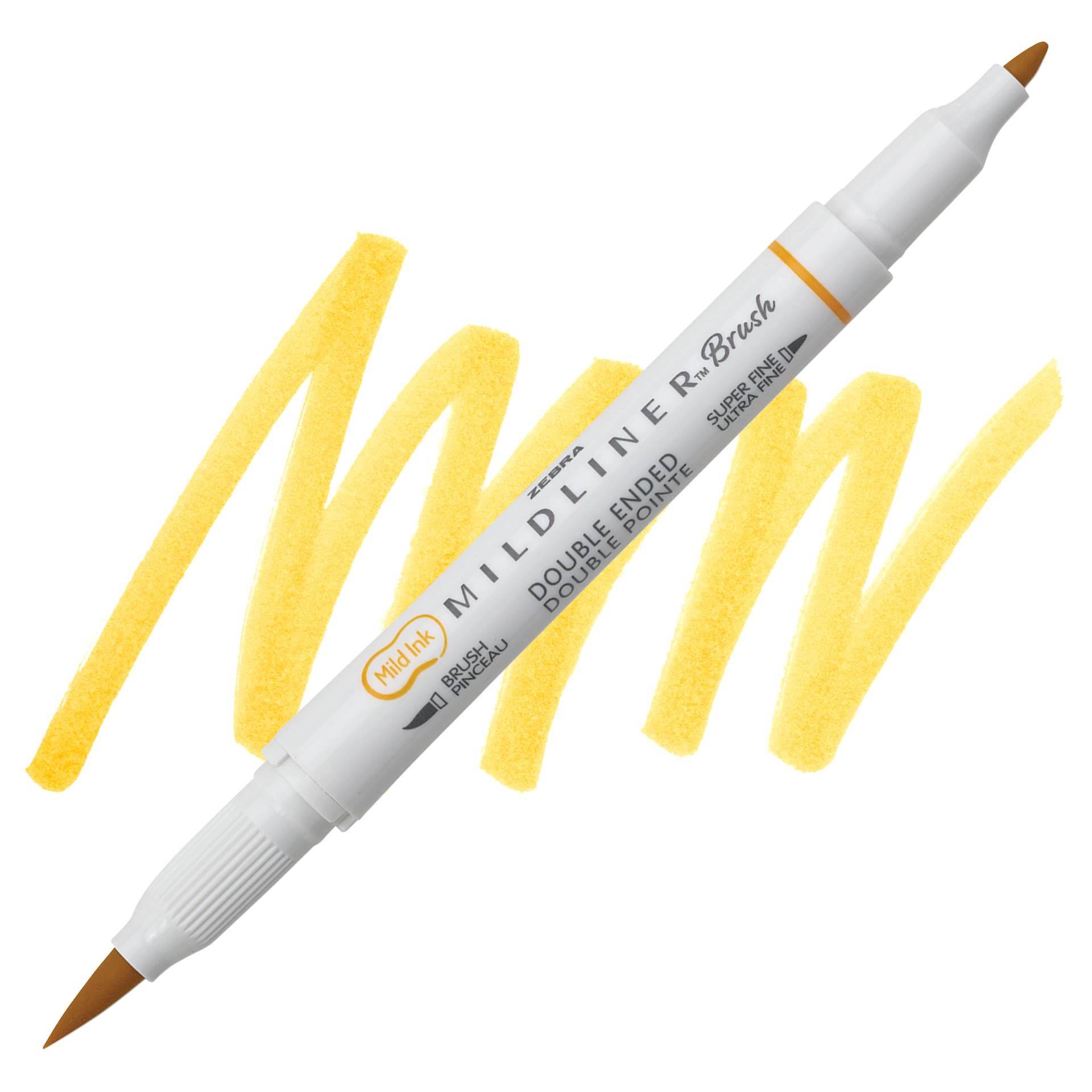Zebra Mildliner Double Ended Brush Pen - Gold, swatch and pen