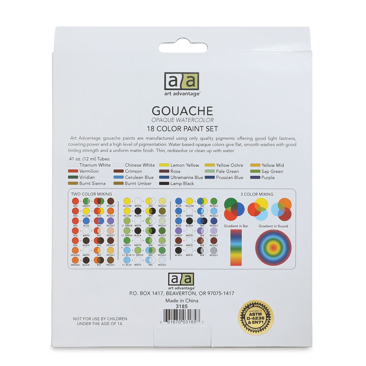 Art Advantage Gouache - Assorted Colors, Set of 18, 12 ml, Tubes (Back of packaging)
