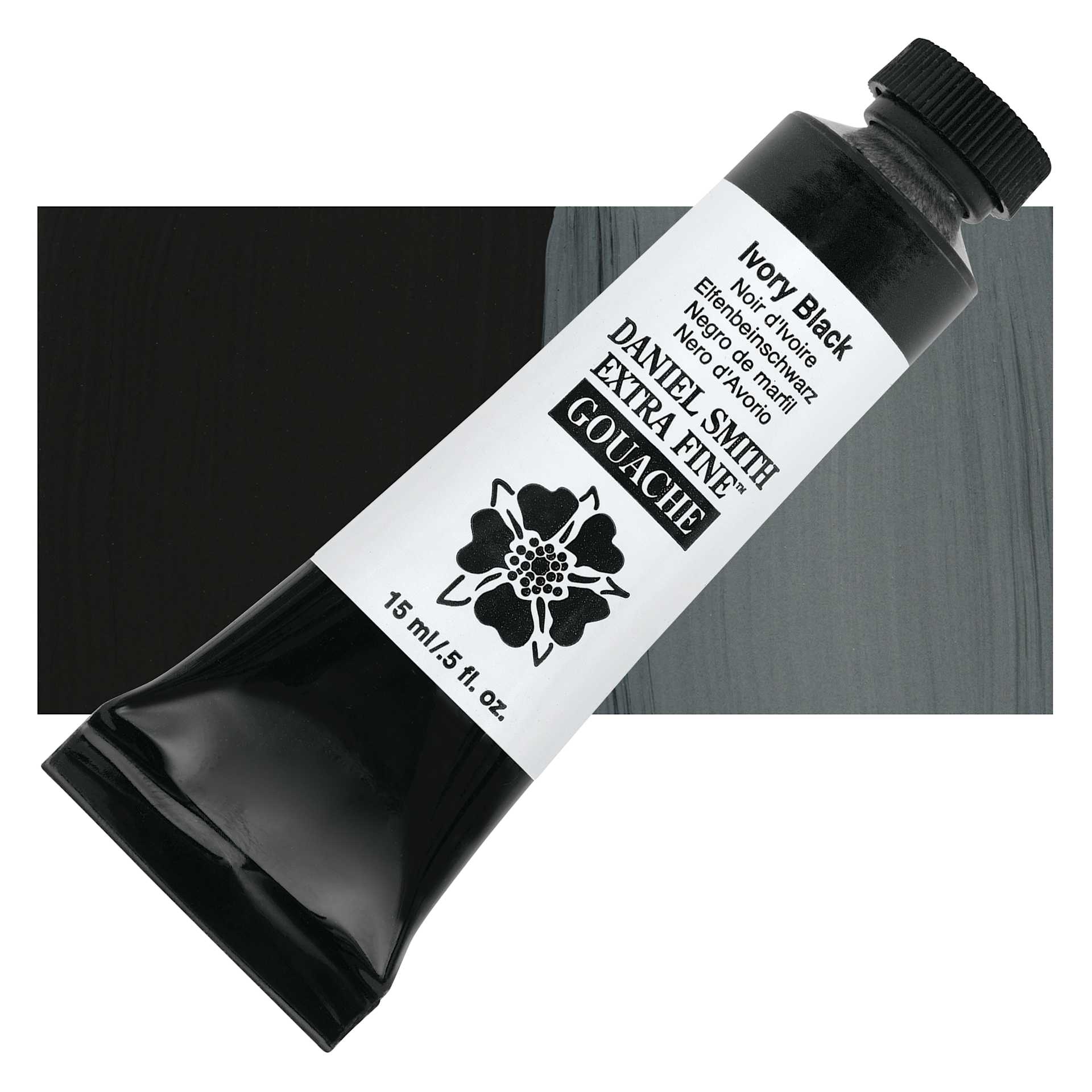 Daniel Smith Extra Fine Gouache - Ivory Black, 15 ml tube and swatch