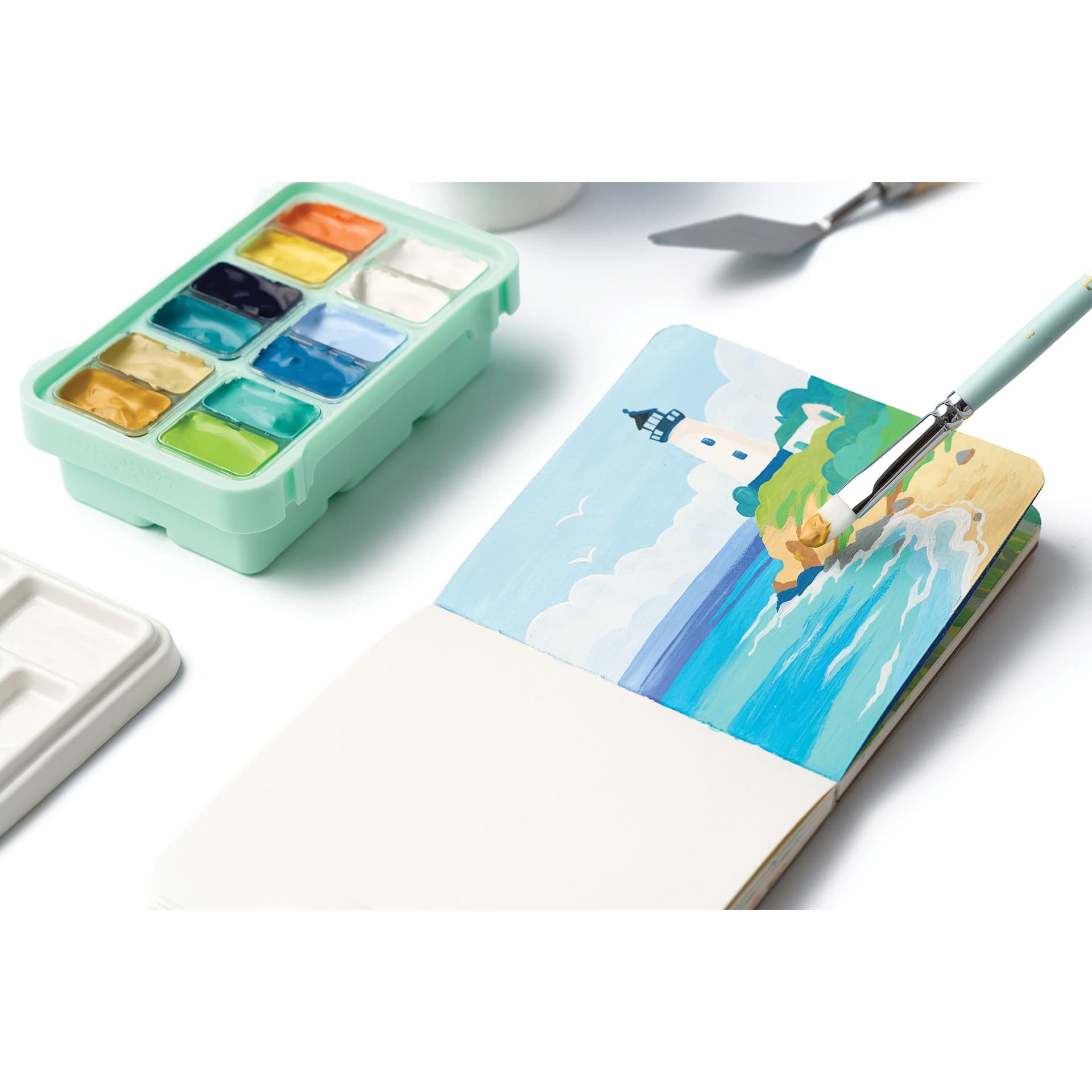 Himi Jelly Gouache Paint - Set of 12, Sunny Seaside colors used to paint a landscape