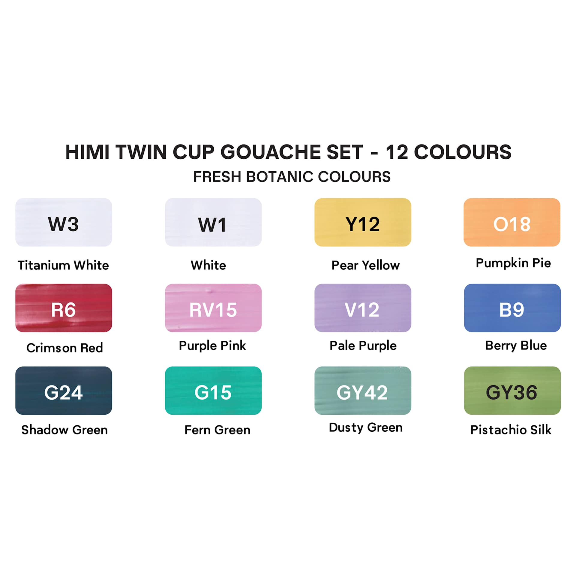 Himi Jelly Gouache Paint - Set of 12, Fresh Botanical color swatches