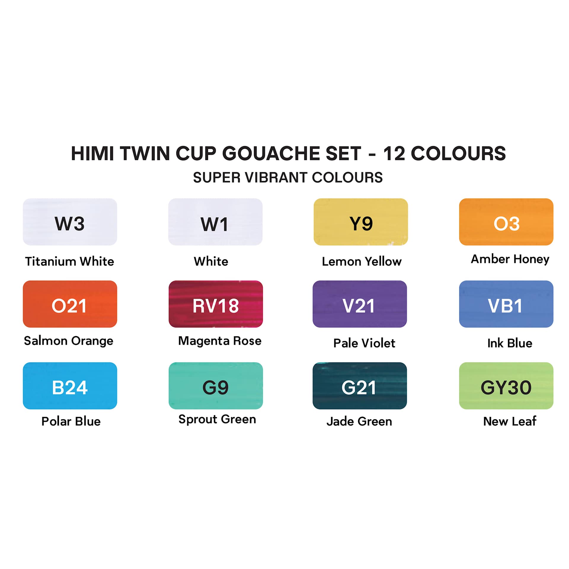 Himi Jelly Gouache Paint - Set of 12, Super Vibrant color swatches