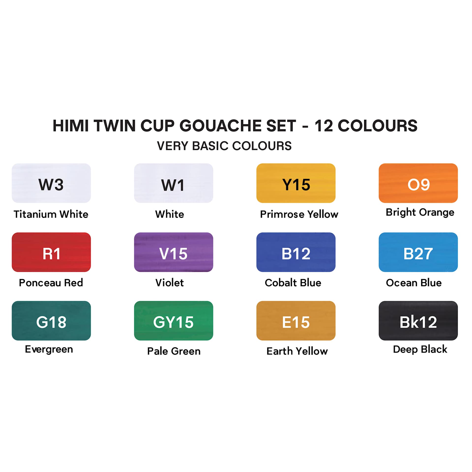 Himi Jelly Gouache Paint - Set of 12, Basic Colors swatches