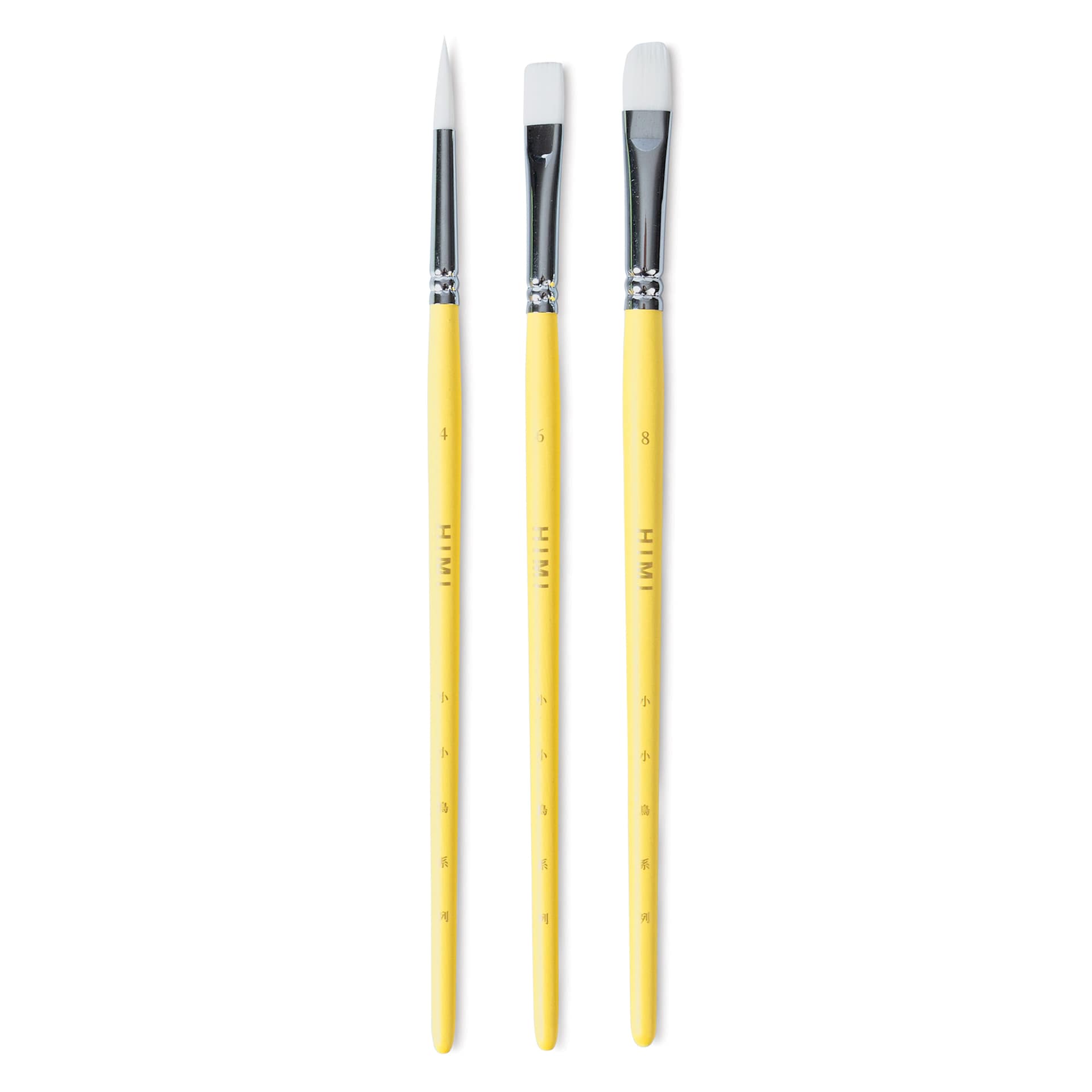 The included Size 4 Round, Size 6 Flat, and Size 8 Bright synthetic brushes.