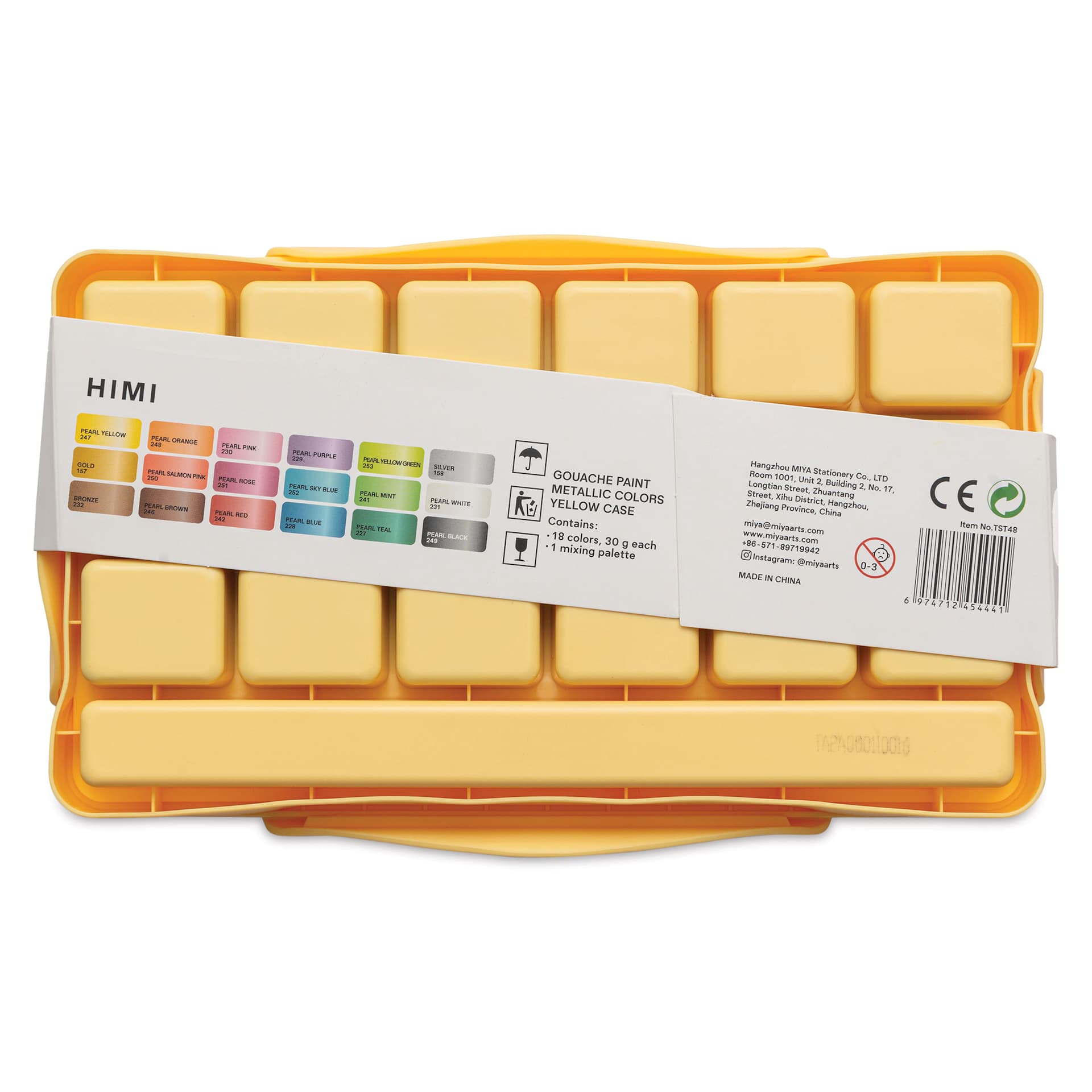 Back of package for Himi Jelly Gouache Paint Set of 18, Metallic Colors
