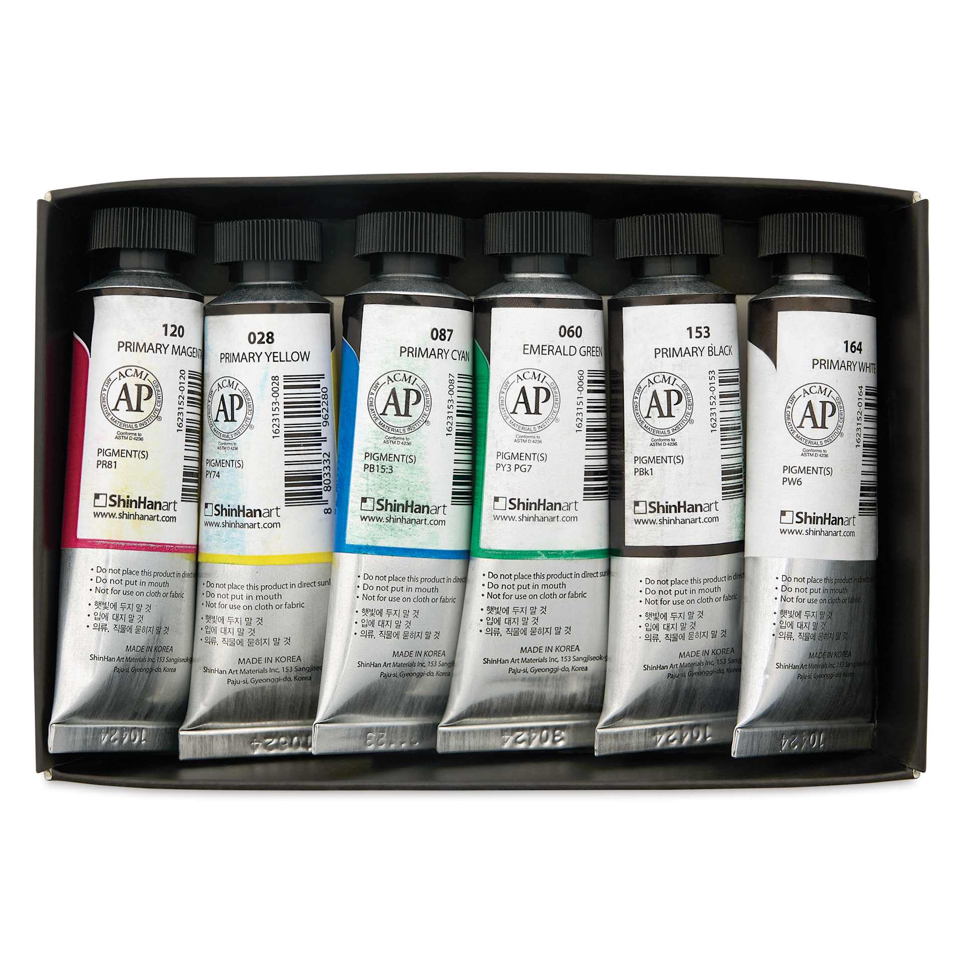 ShinHan Professional Designers Gouache - Set of 6, Primary Colors, 15 ml, back of tubes in packaging