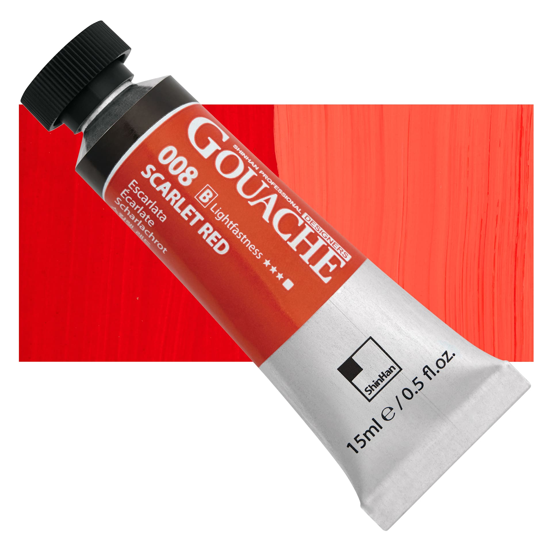 ShinHan Professional Designers Gouache - Scarlet Red, 15 ml tube and swatch
