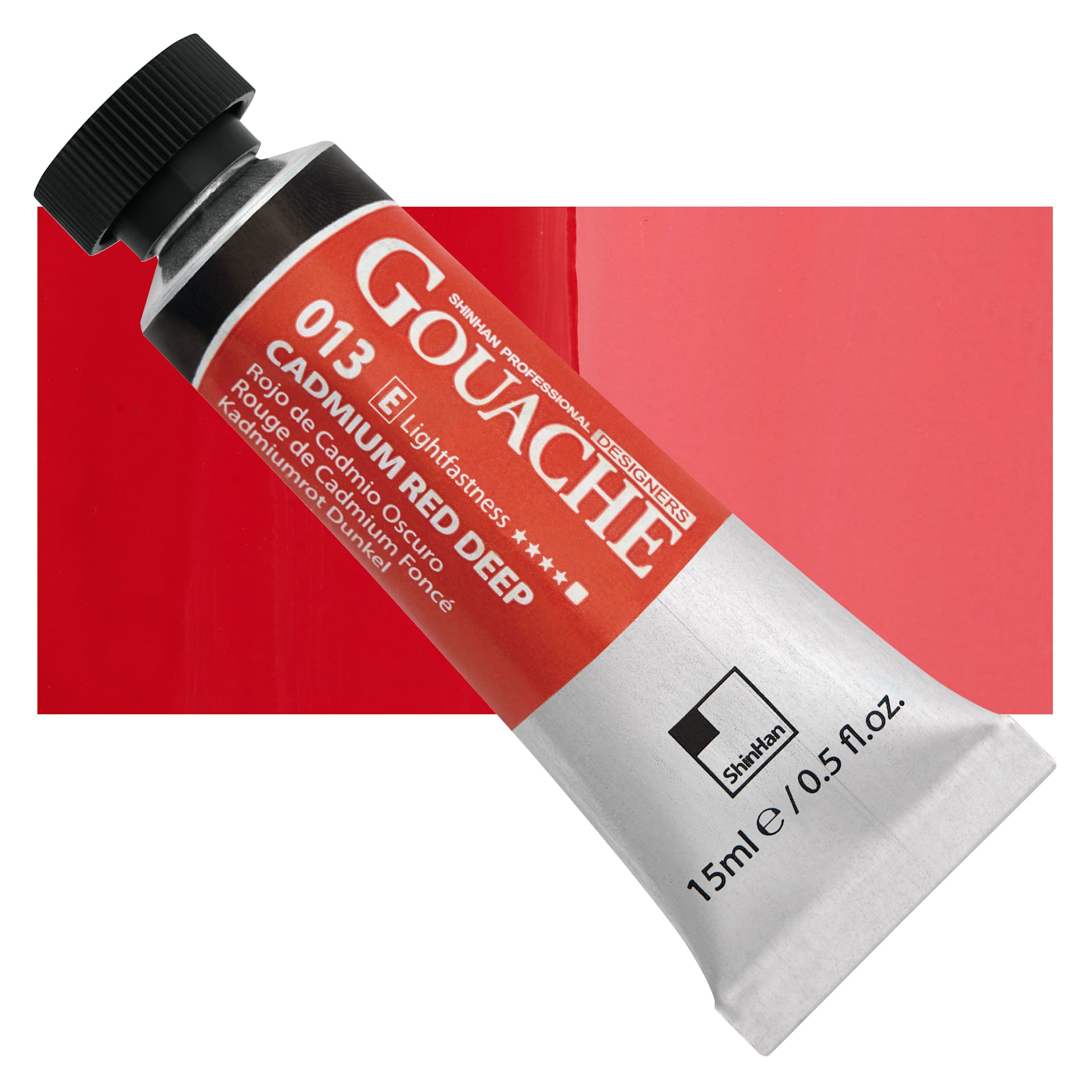 ShinHan Professional Designers Gouache - Cadmium Red Deep, 15 ml tube and swatch