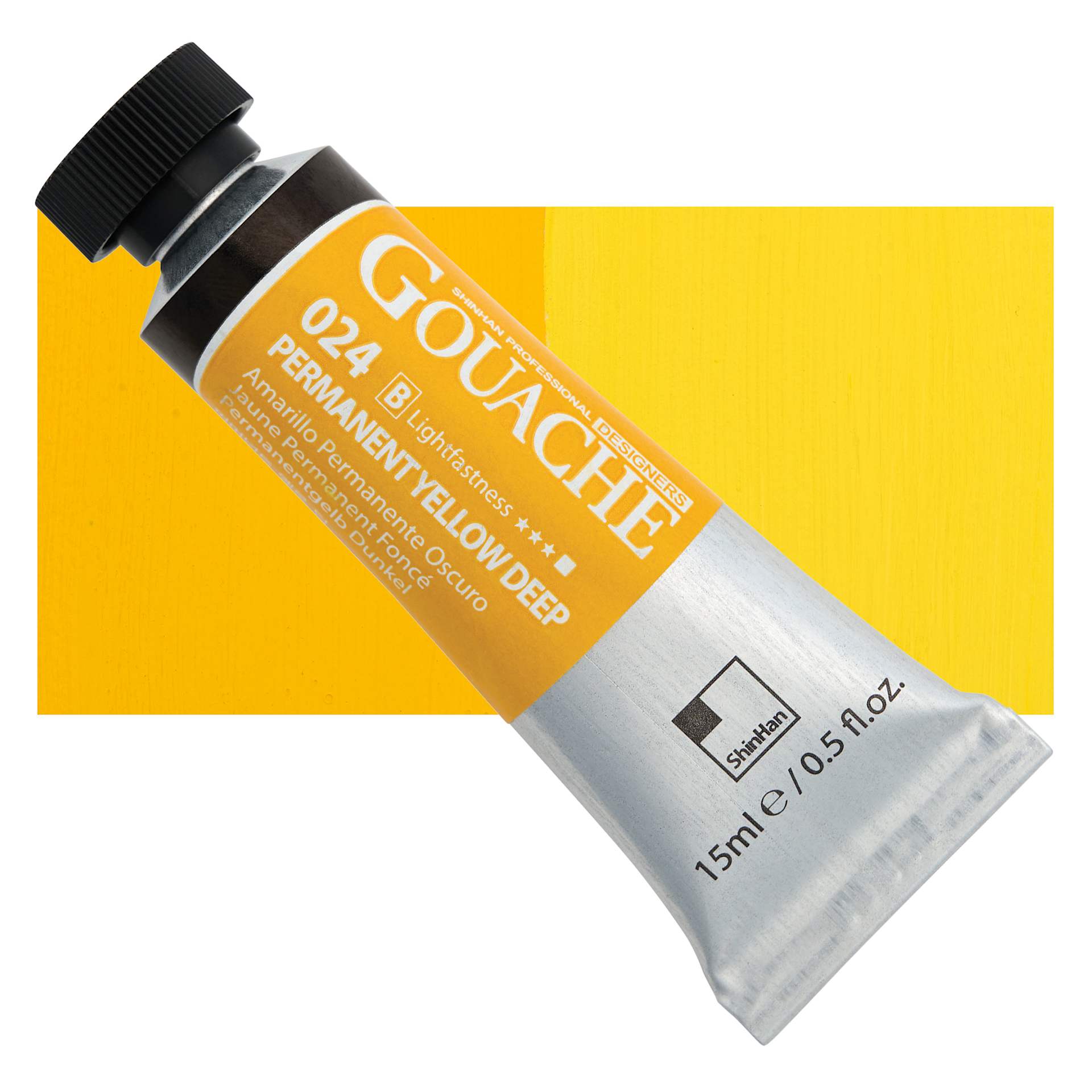 ShinHan Professional Designers Gouache - Permanent Yellow Deep, 15 ml tube and swatch