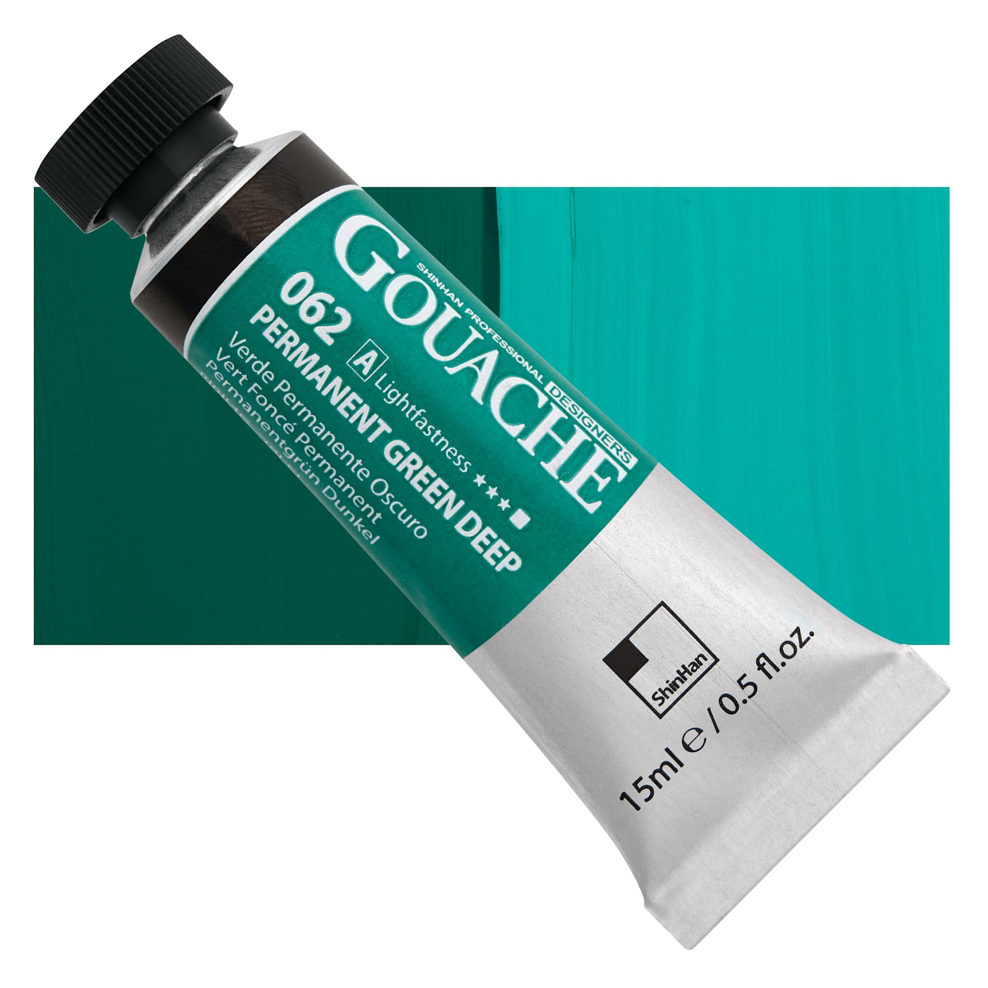 ShinHan Professional Designers Gouache - Permanent Green Deep, 15 ml tube and swatch