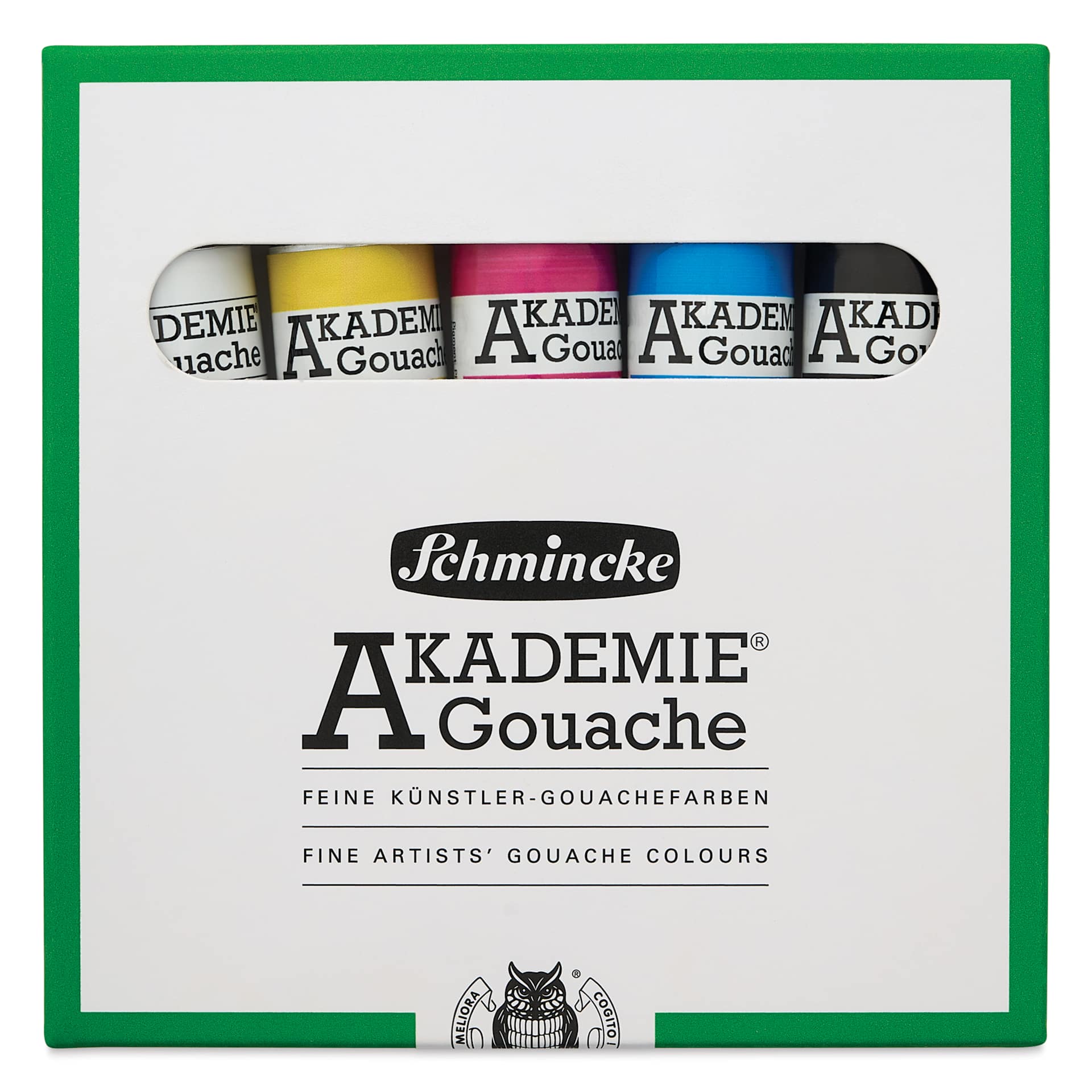 Schmincke Akademie Gouache Paints - Set of 5, CMKY Starter Colors, 20 ml Tubes front of packaging