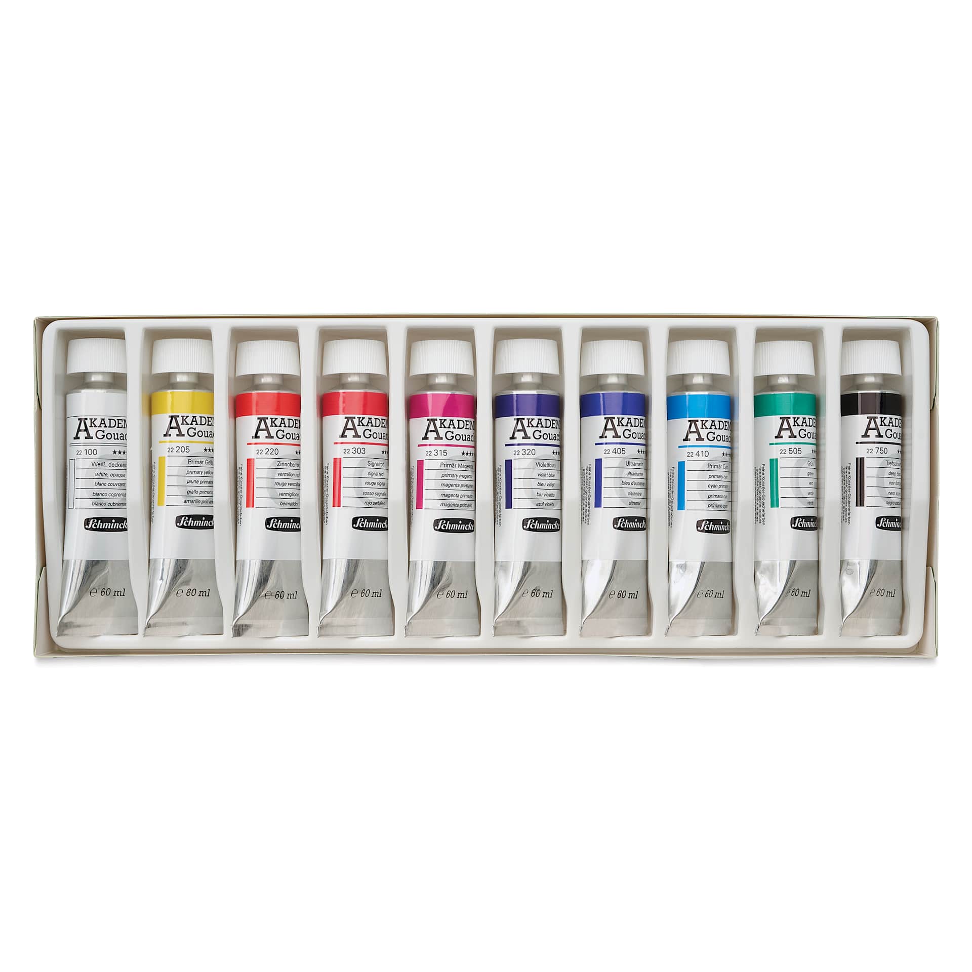 Schmincke Akademie Gouache Paints - Set of 10, Split Primary, 60 ml Tubes