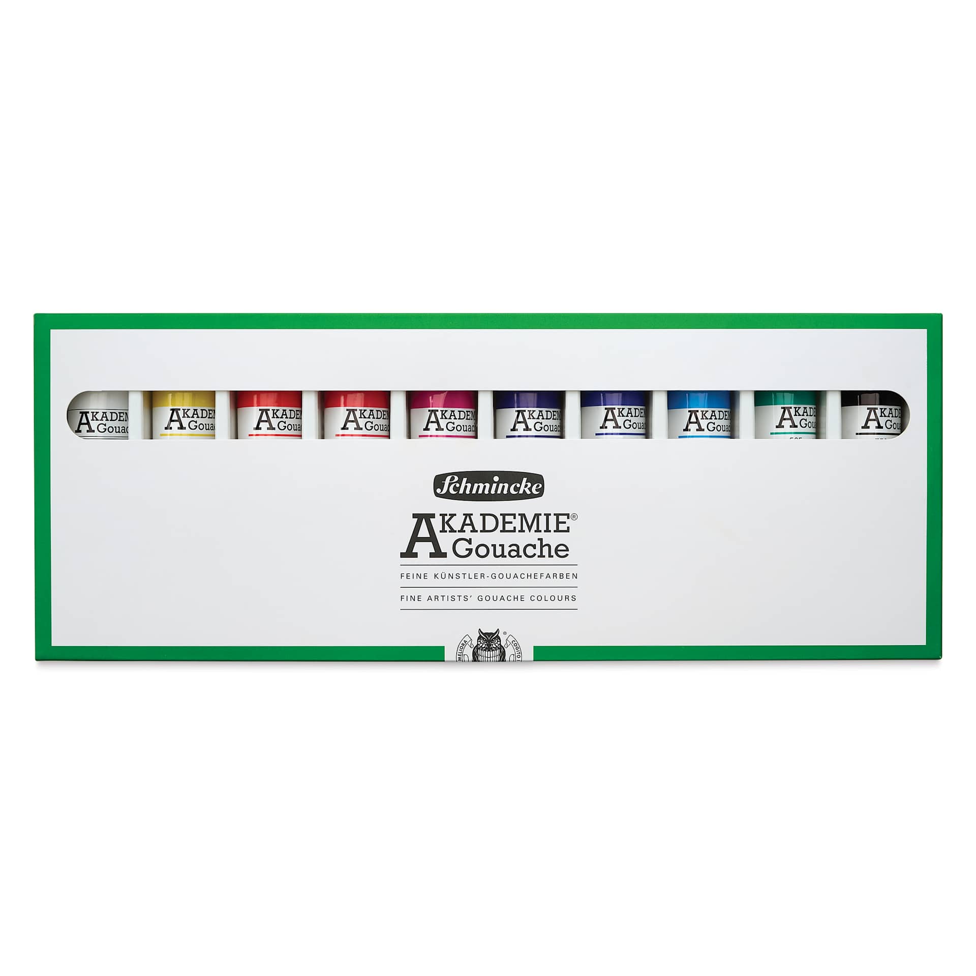 Schmincke Akademie Gouache Paints - Set of 10, Split Primary, 60 ml Tubes front of packaging