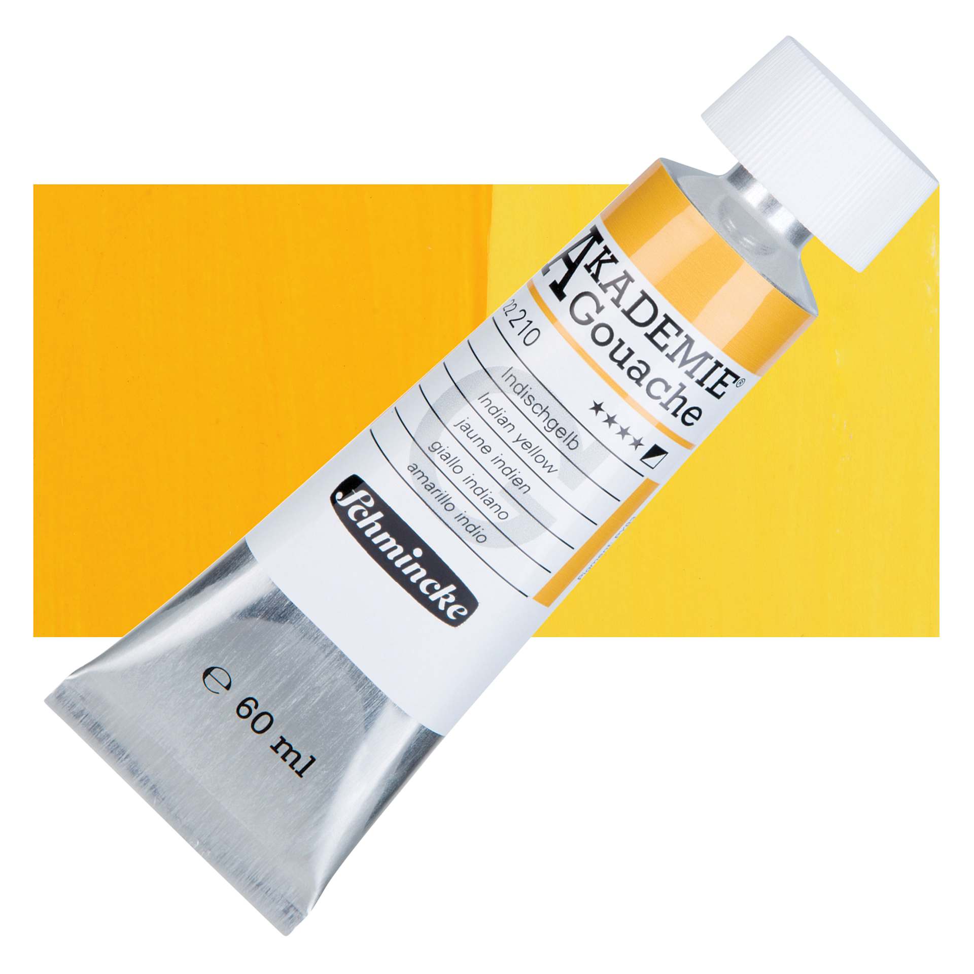 Schmincke Akademie Gouache Paint - Indian Yellow, 60 ml Tube and Swatch