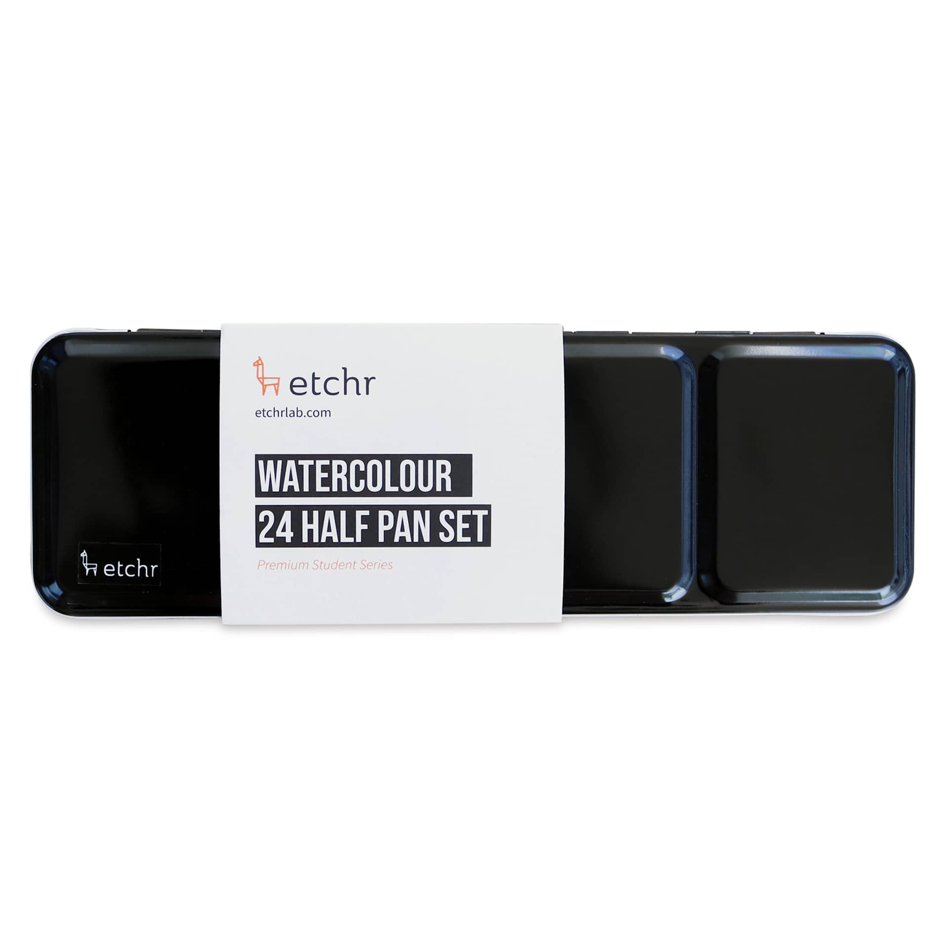 Etchr Half Pan Watercolors - Set of 24, Classic Colors, closed metal tin with label