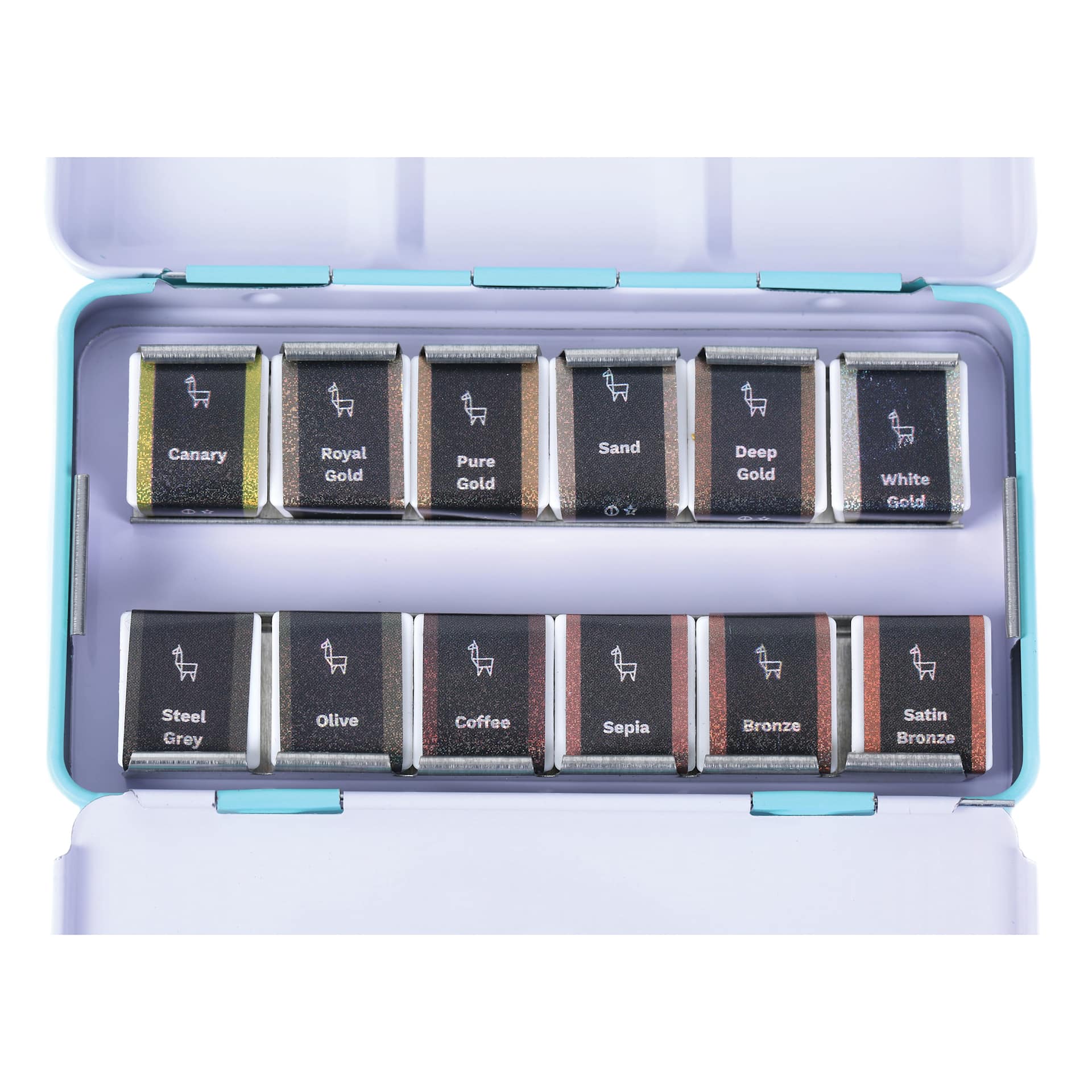 Etchr Half Pan Watercolors - Set of 12, Golden Pearlescent Colors, open metal tin