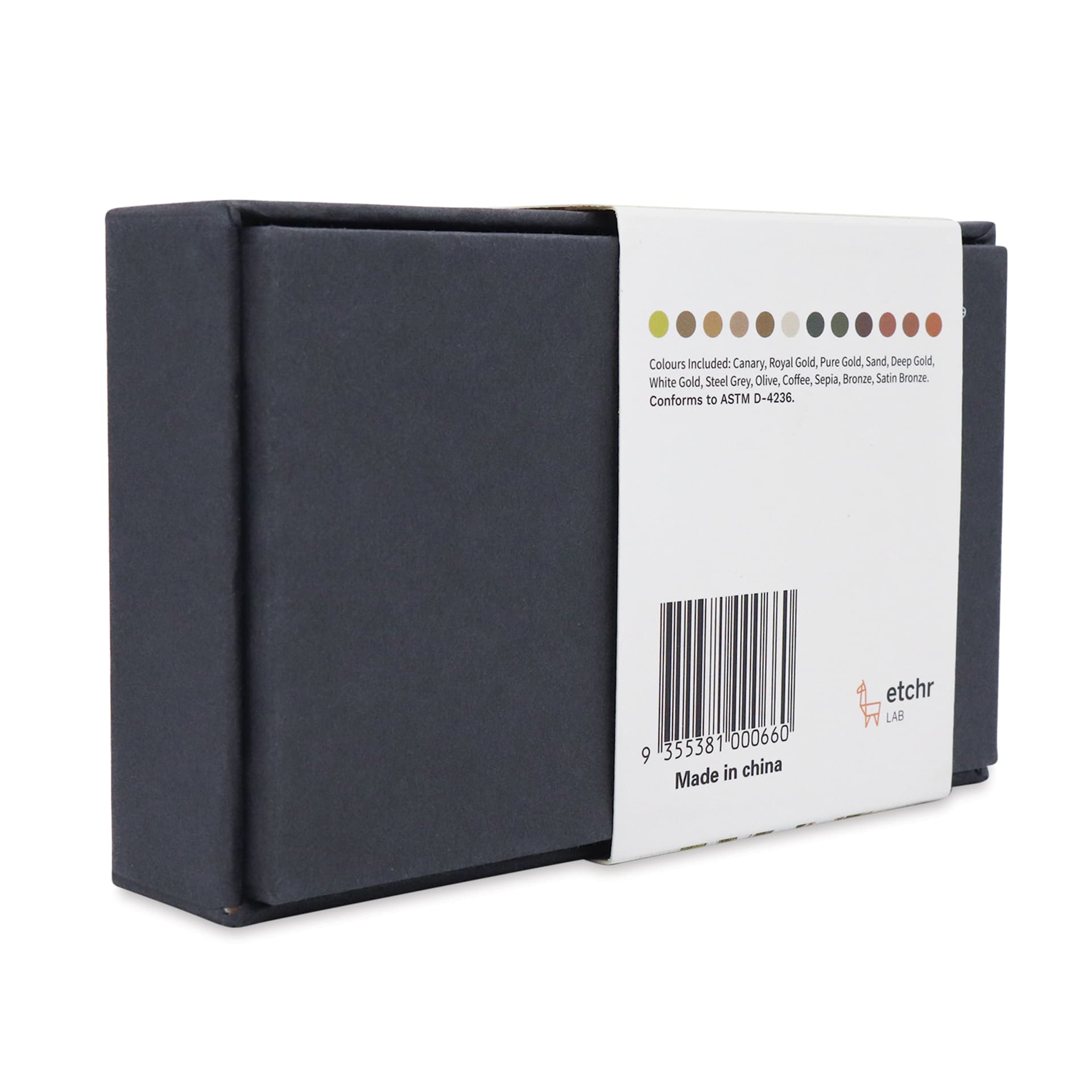 Etchr Half Pan Watercolors - Set of 12, Golden Pearlescent Colors, back of packaging, angled view