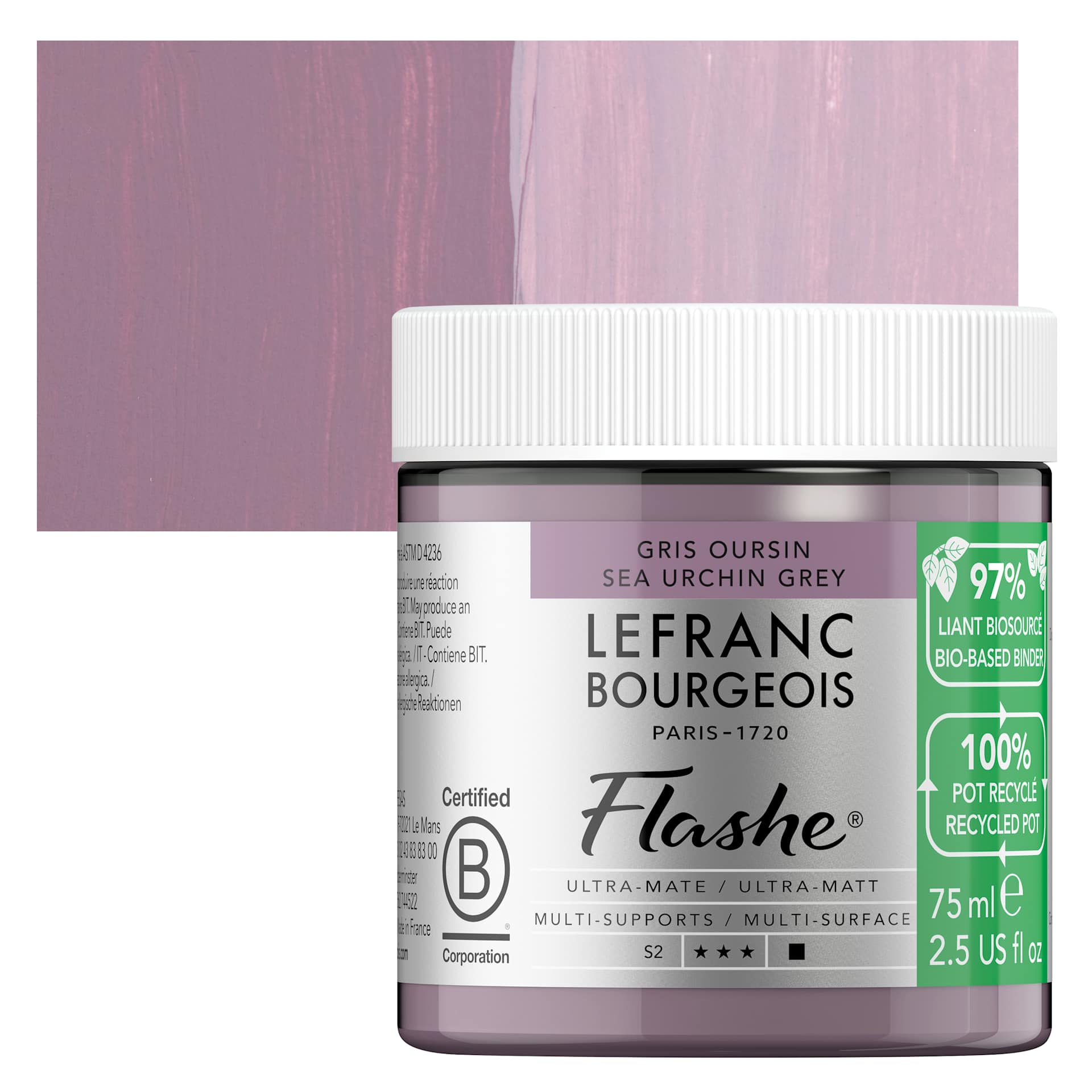 Lefranc Bourgeois Flashe Biobased Paint - Sea Urchin Grey, 75 ml jar and swatch