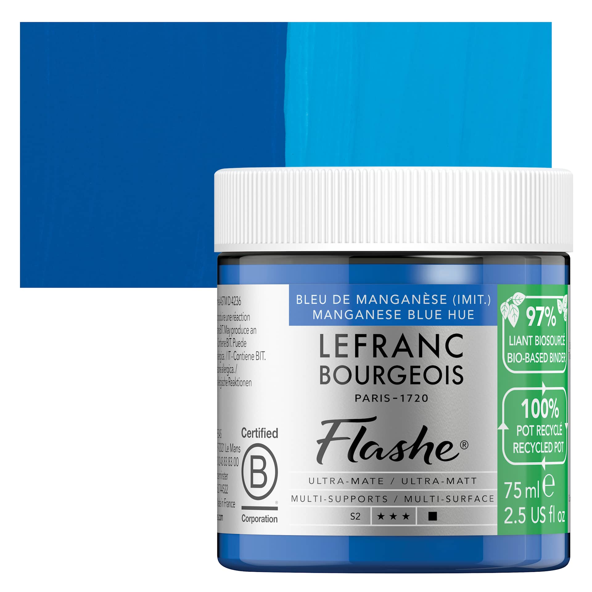 Lefranc Bourgeois Flashe Biobased Paint - Manganese Blue Hue, 75 ml jar and swatch