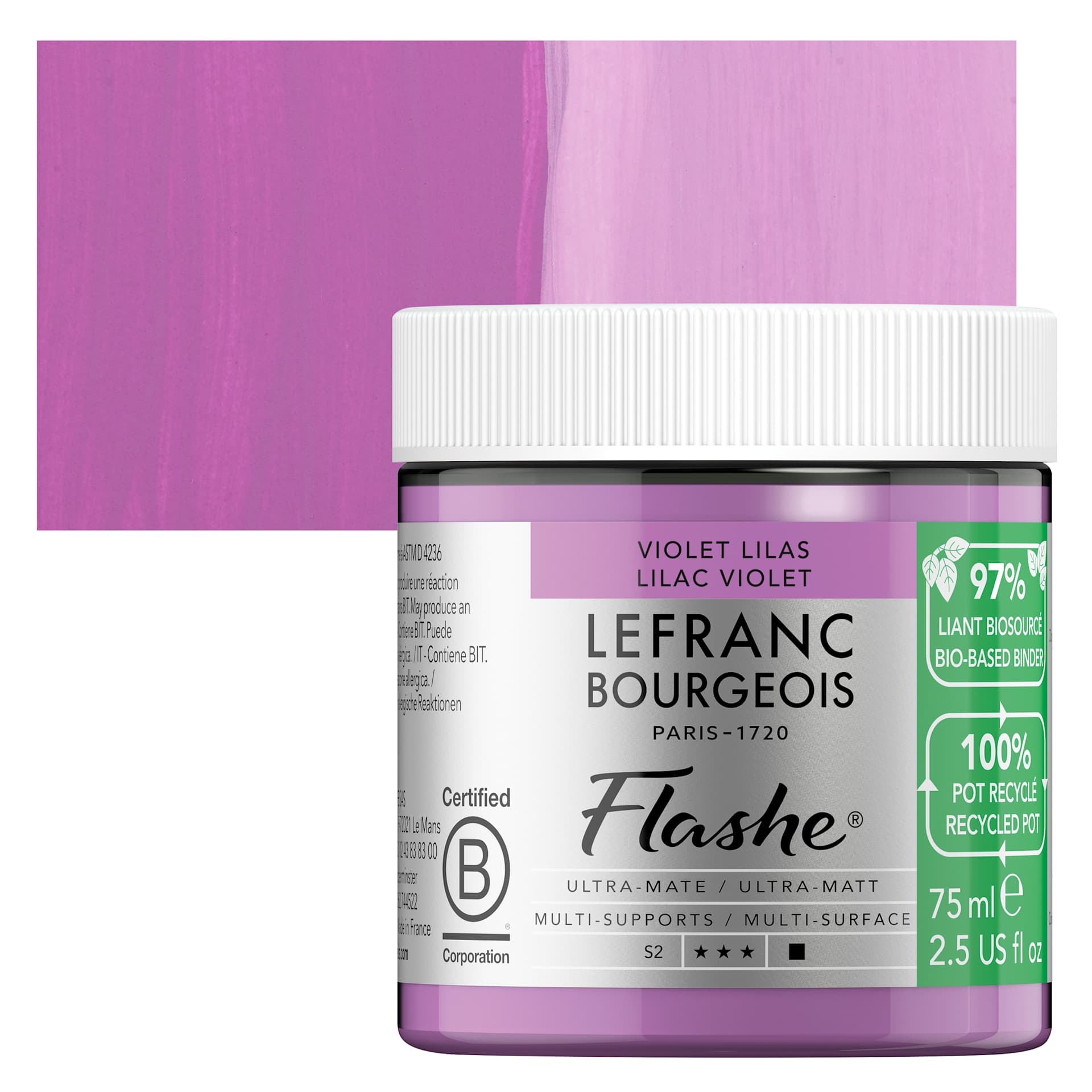 Lefranc Bourgeois Flashe Biobased Paint - Lilac Violet, 75 ml jar and swatch