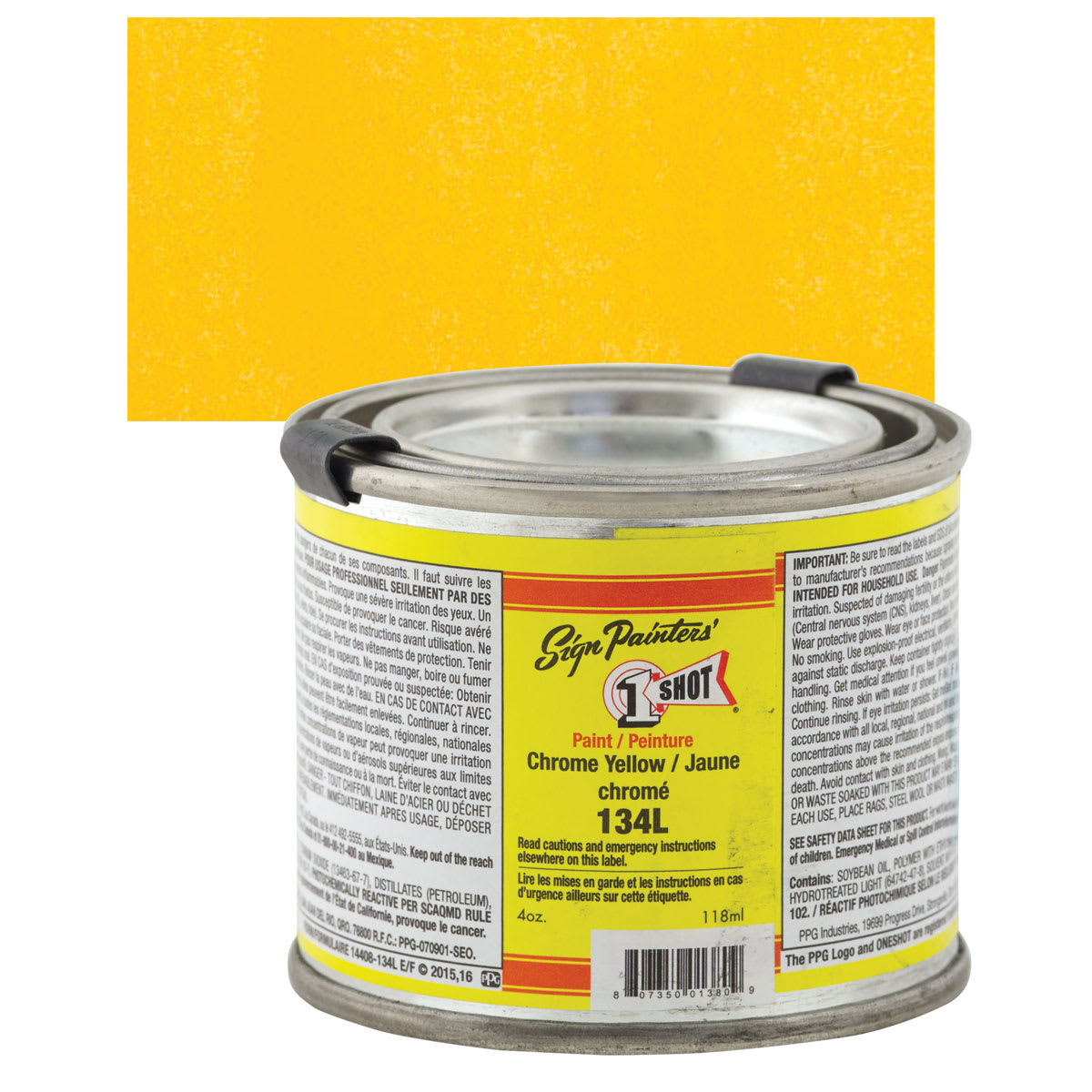 1-Shot Lettering Enamel - Chrome Yellow, 4 oz can and swatch