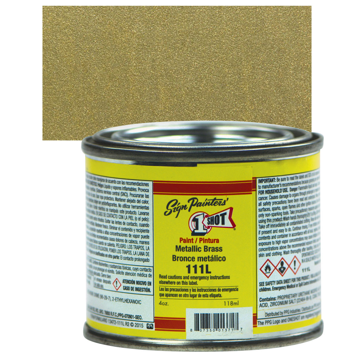 1-Shot Lettering Enamel - Metallic Brass, 4 oz can and swatch