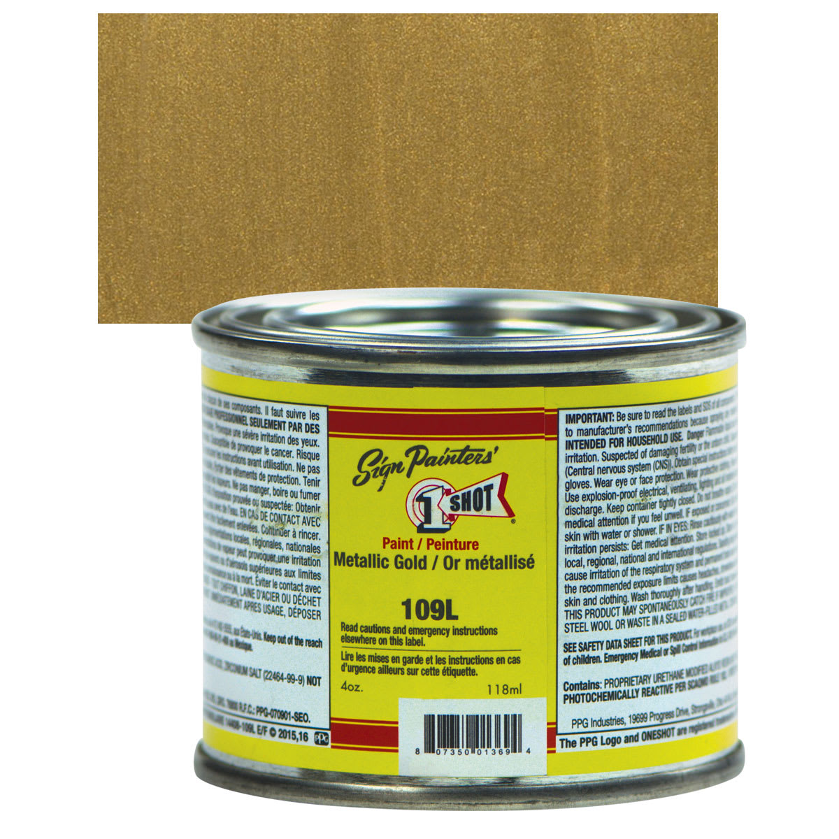 1-Shot Lettering Enamel - Metallic Gold, 4 oz can and swatch
