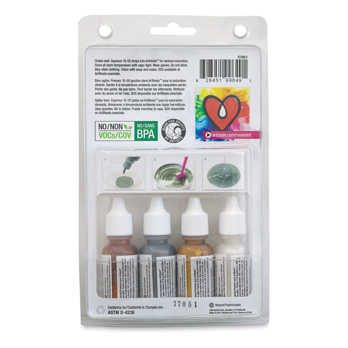 ArtResin ResinTint - Metallics, Set of 4, 0.5 oz, Bottle - back of packaging