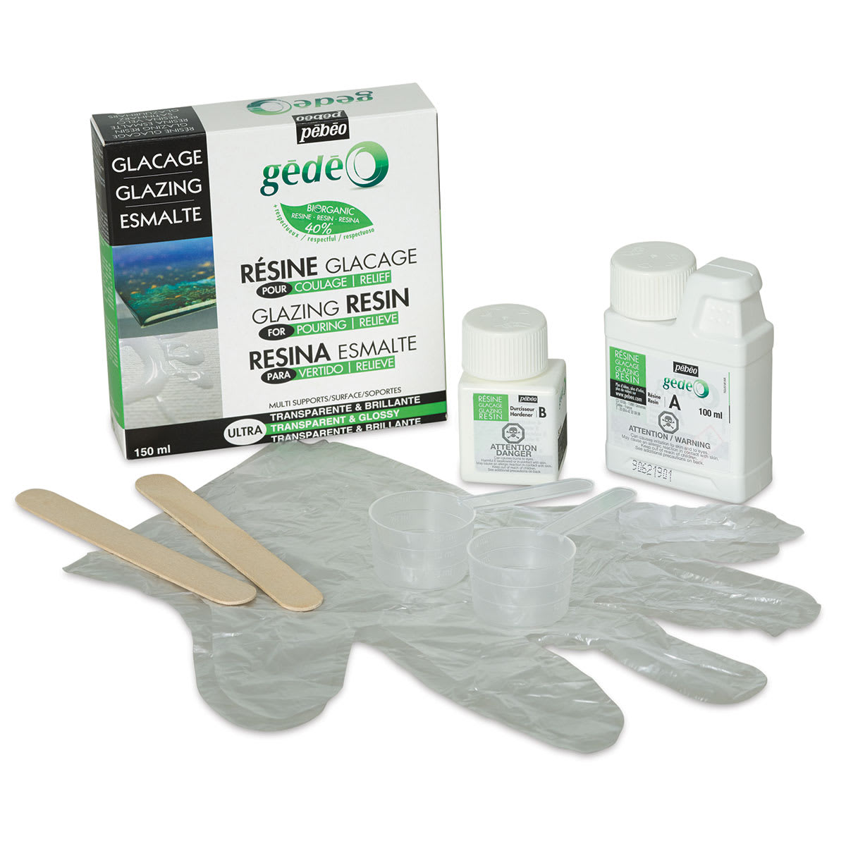 Pebeo Gedeo Bio-Based Resins - Components of 150 ml Crystal Glazing Kit shown