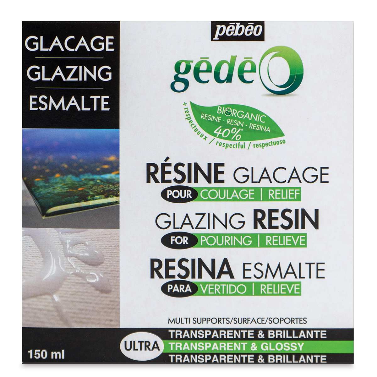 Pebeo Gedeo Bio-Based Resins - Front view of 150 ml Crystal Glazing package