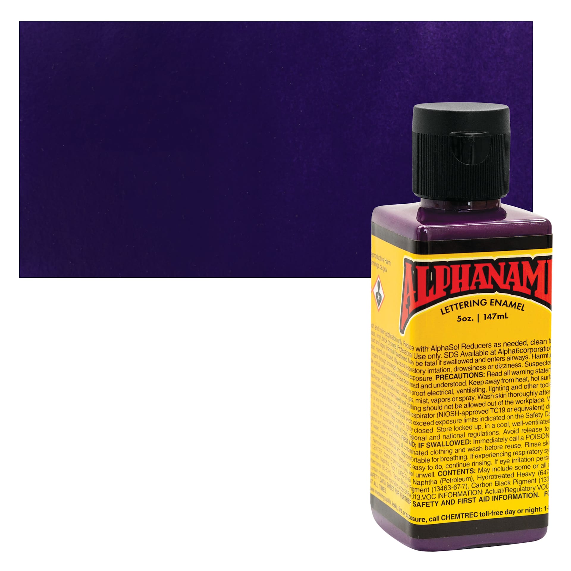 Alpha6 Alphanamel Lettering Enamel - Alpha Purple, 147 ml - Bottle and Swatch