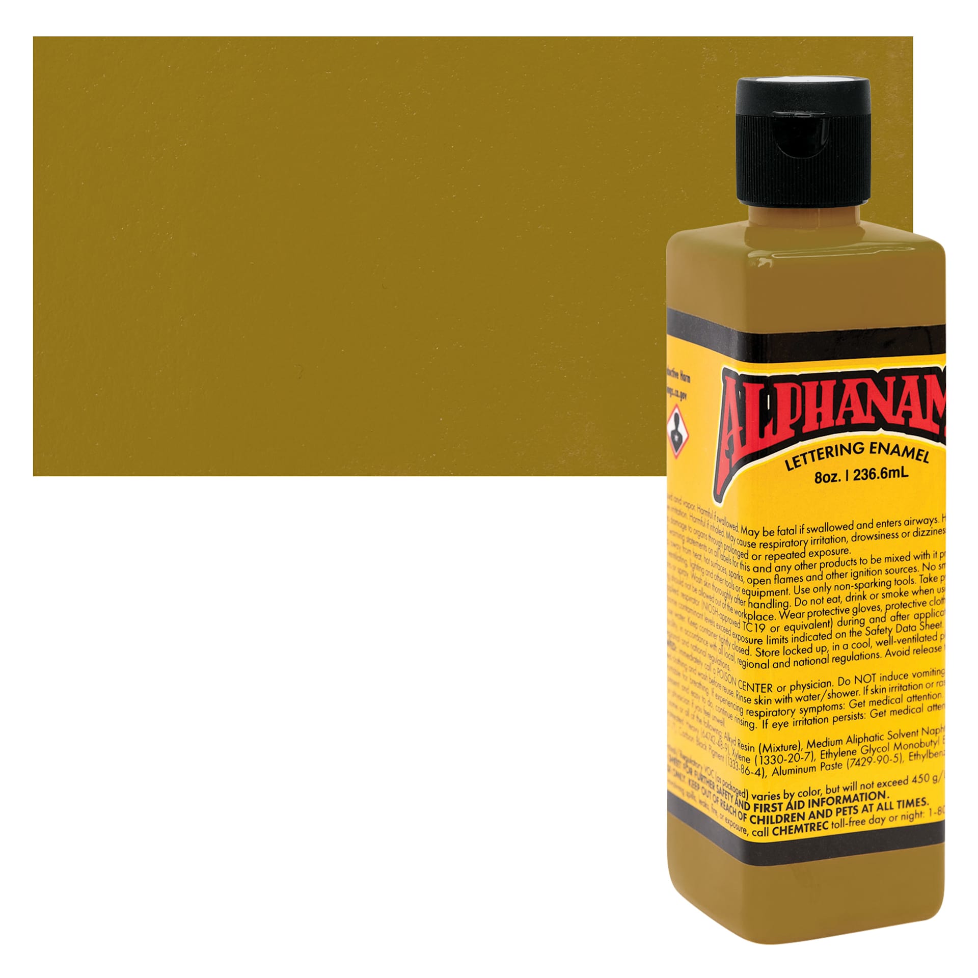 Alpha6 Alphanamel Lettering Enamel - Imitation Gold, 236.6 ml - Bottle and Swatch