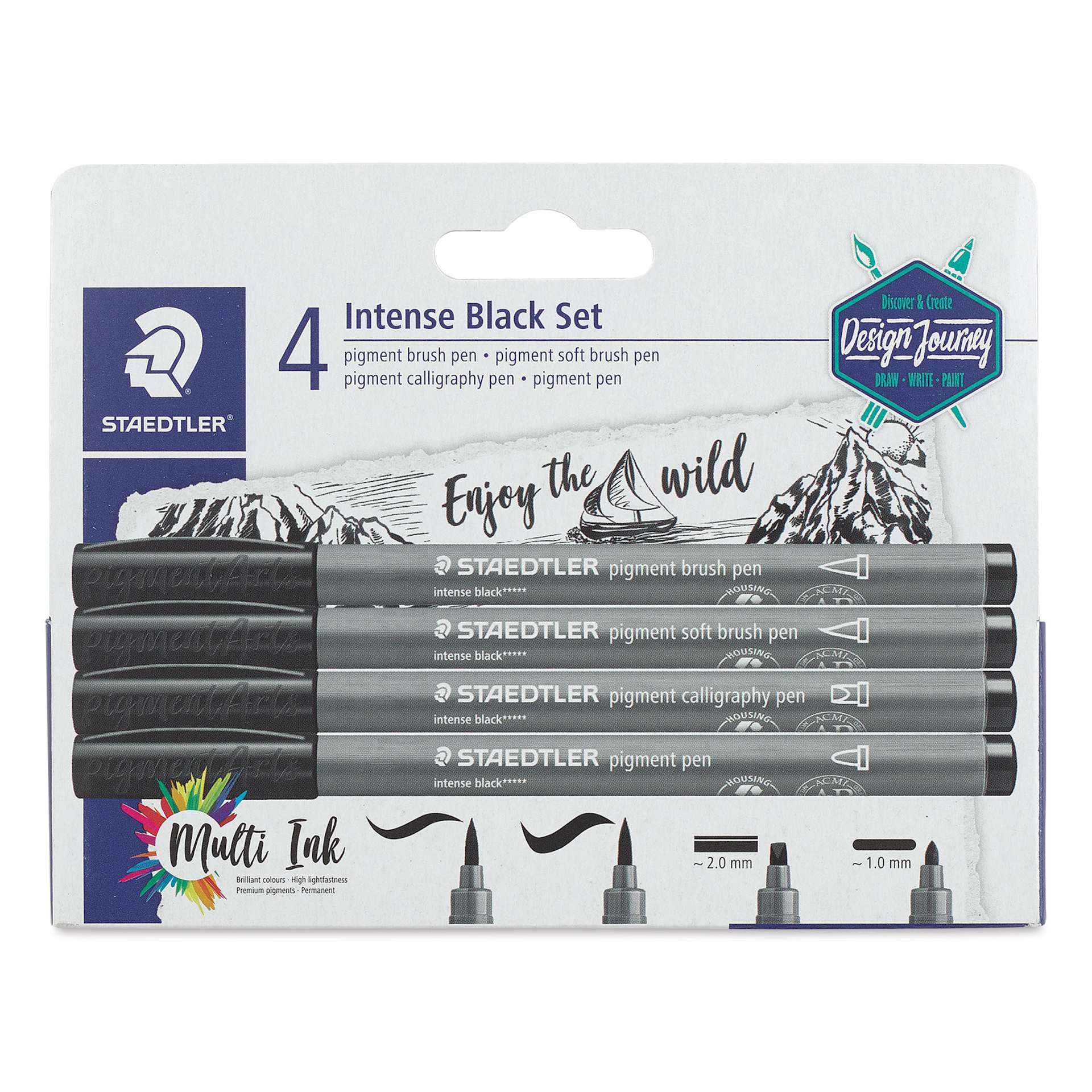 Staedtler Pigment Arts Pens - Intense Black, Assorted Tip, Set of 4, front of the packaging