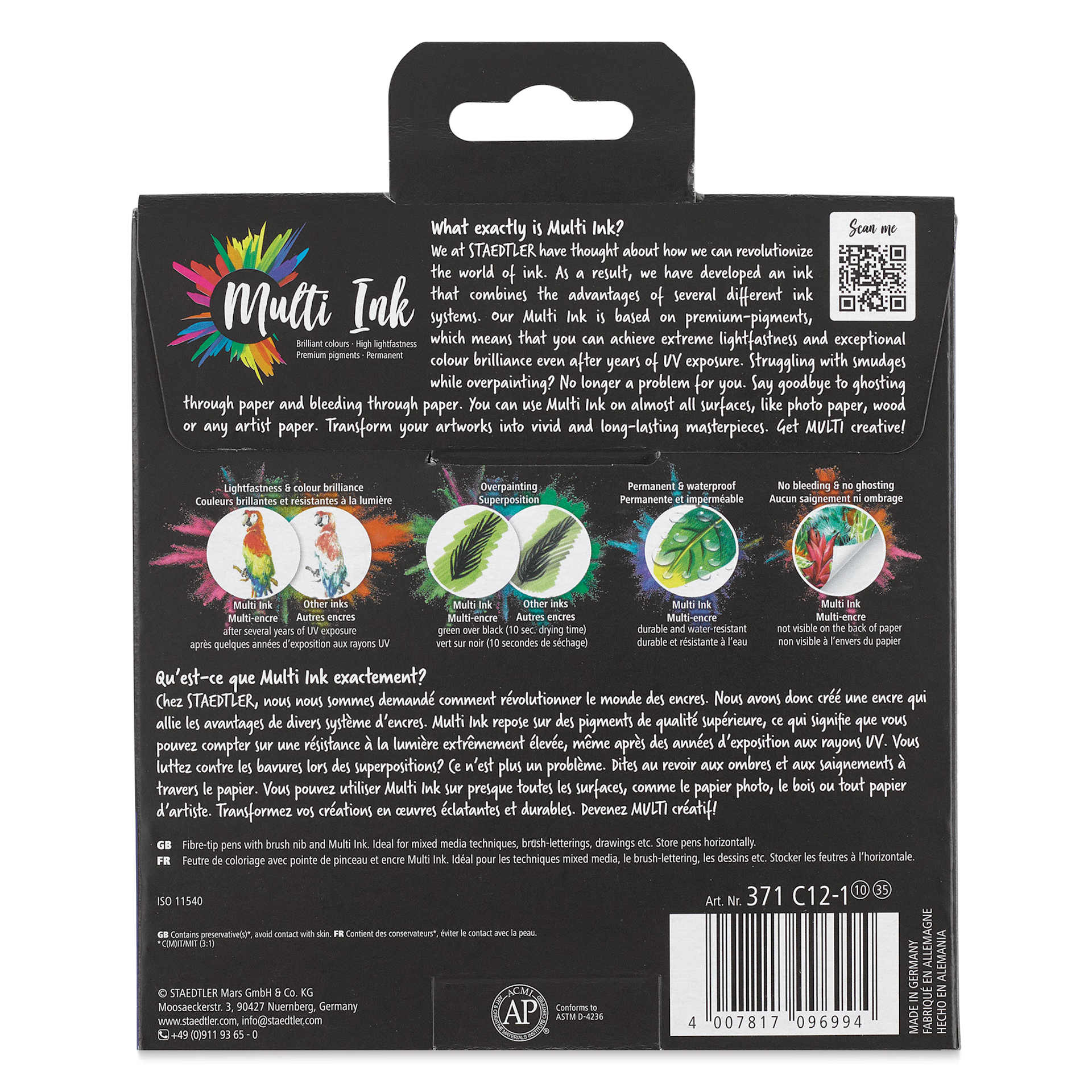 Staedtler Pigment Arts Brush Pens - Basic Colors, Set of 12, back of the packaging