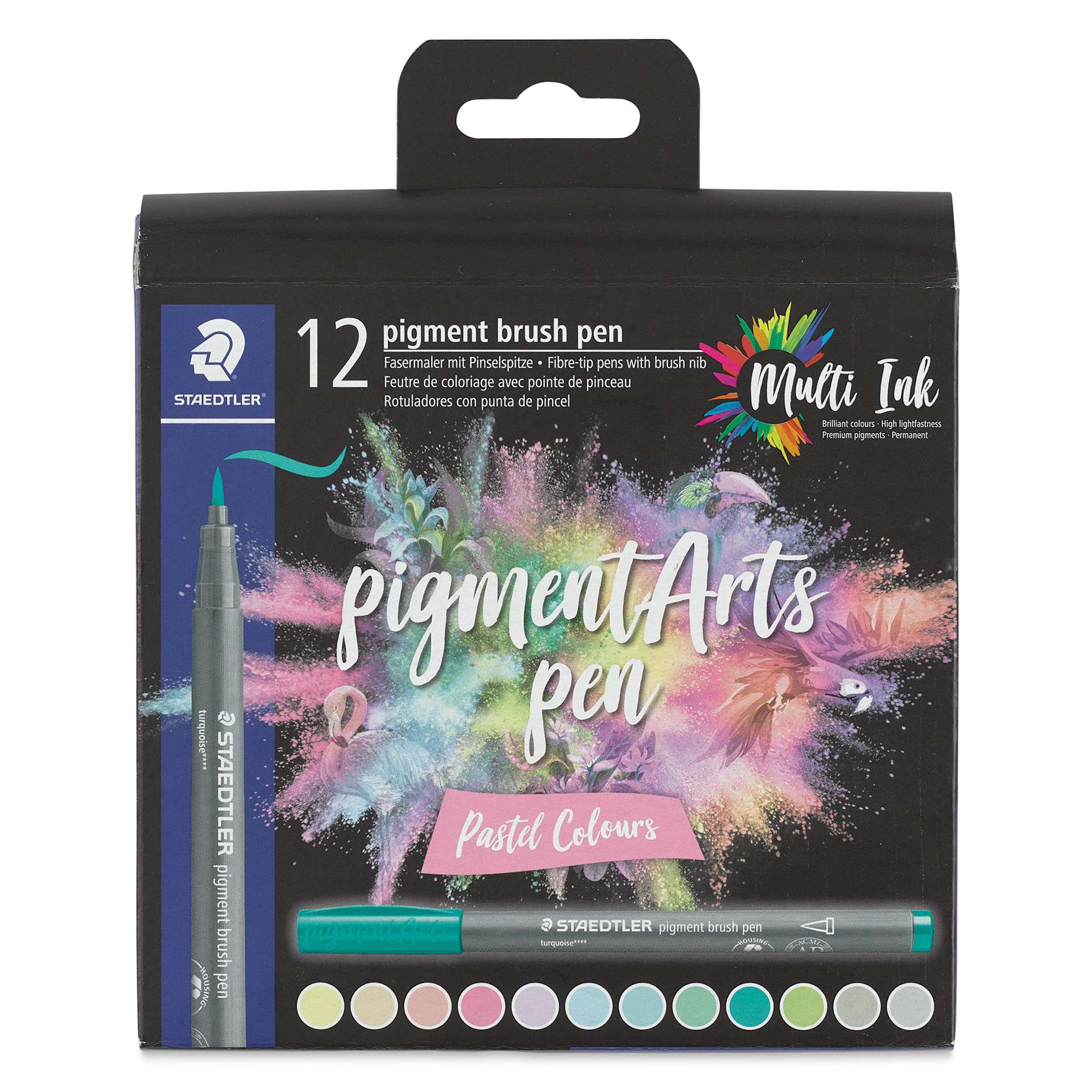 Staedtler Pigment Arts Brush Pens - Pastel Colors, Set of 12, front of the packaging