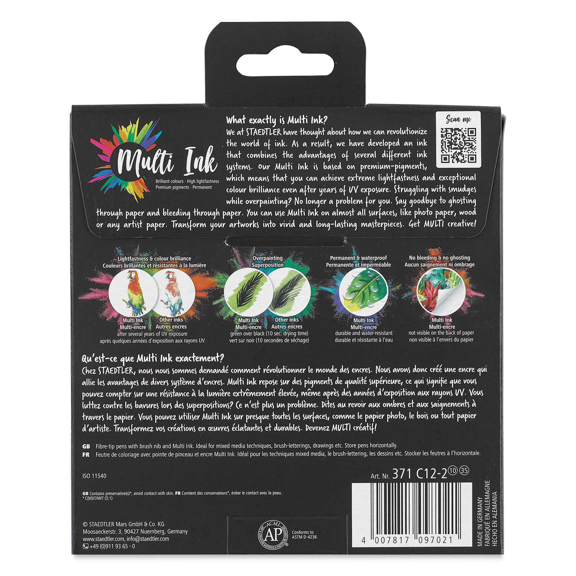 Staedtler Pigment Arts Brush Pens - Pastel Colors, Set of 12, back of the packaging