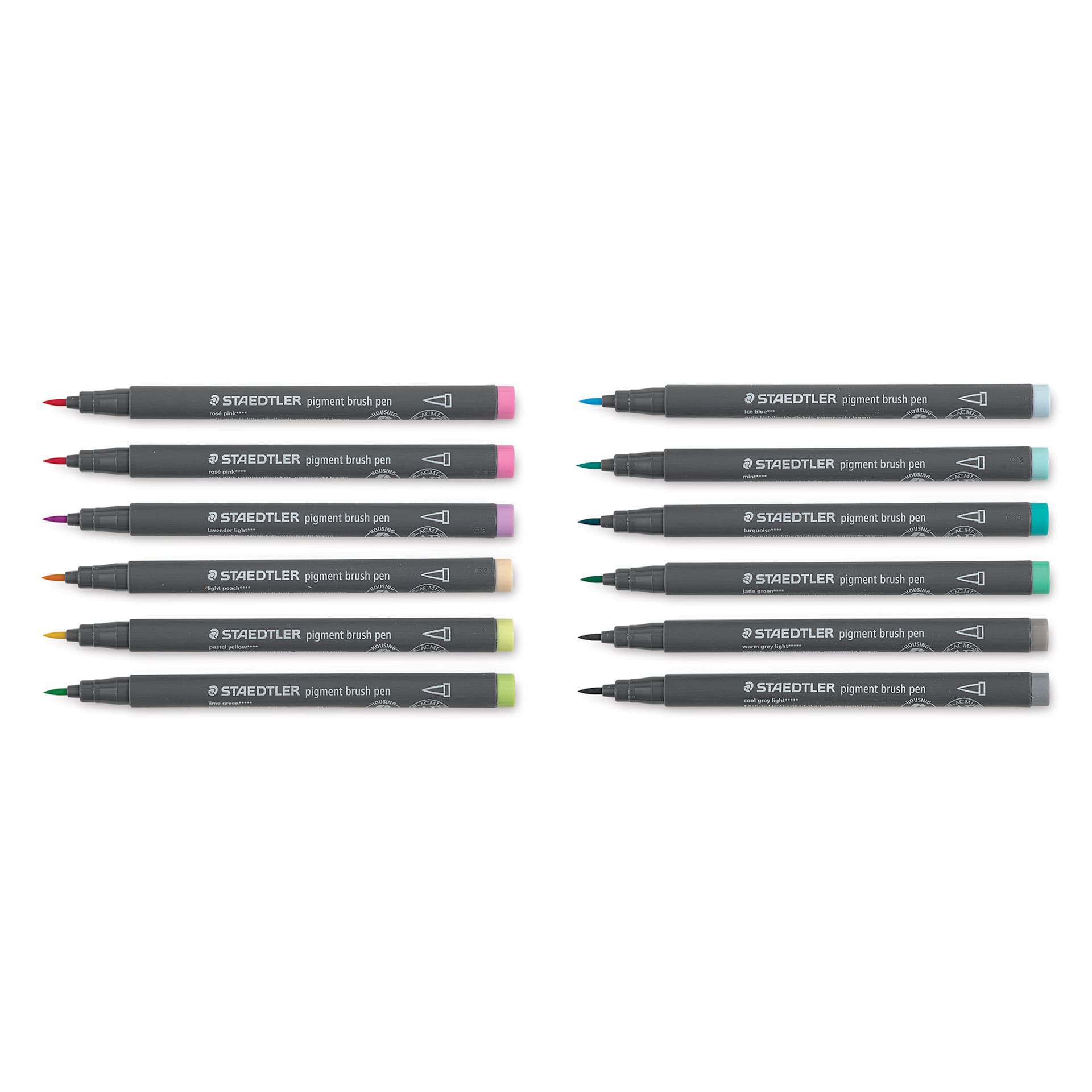 Staedtler Pigment Arts Brush Pens - Pastel Colors, Set of 12 pens laid out with caps off