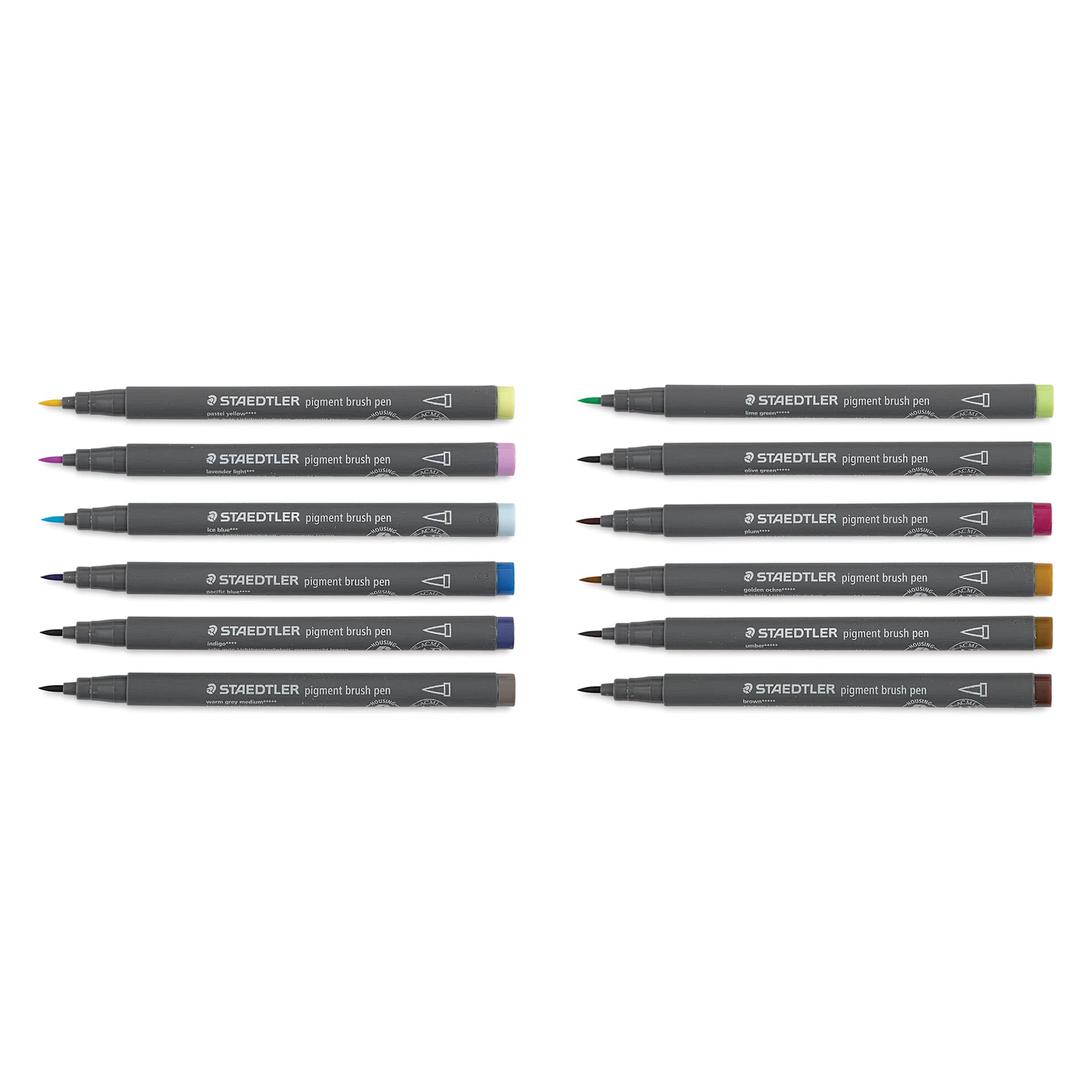 Staedtler Pigment Arts Brush Pens - Nature Colors, Set of 12 pens laid out with caps off