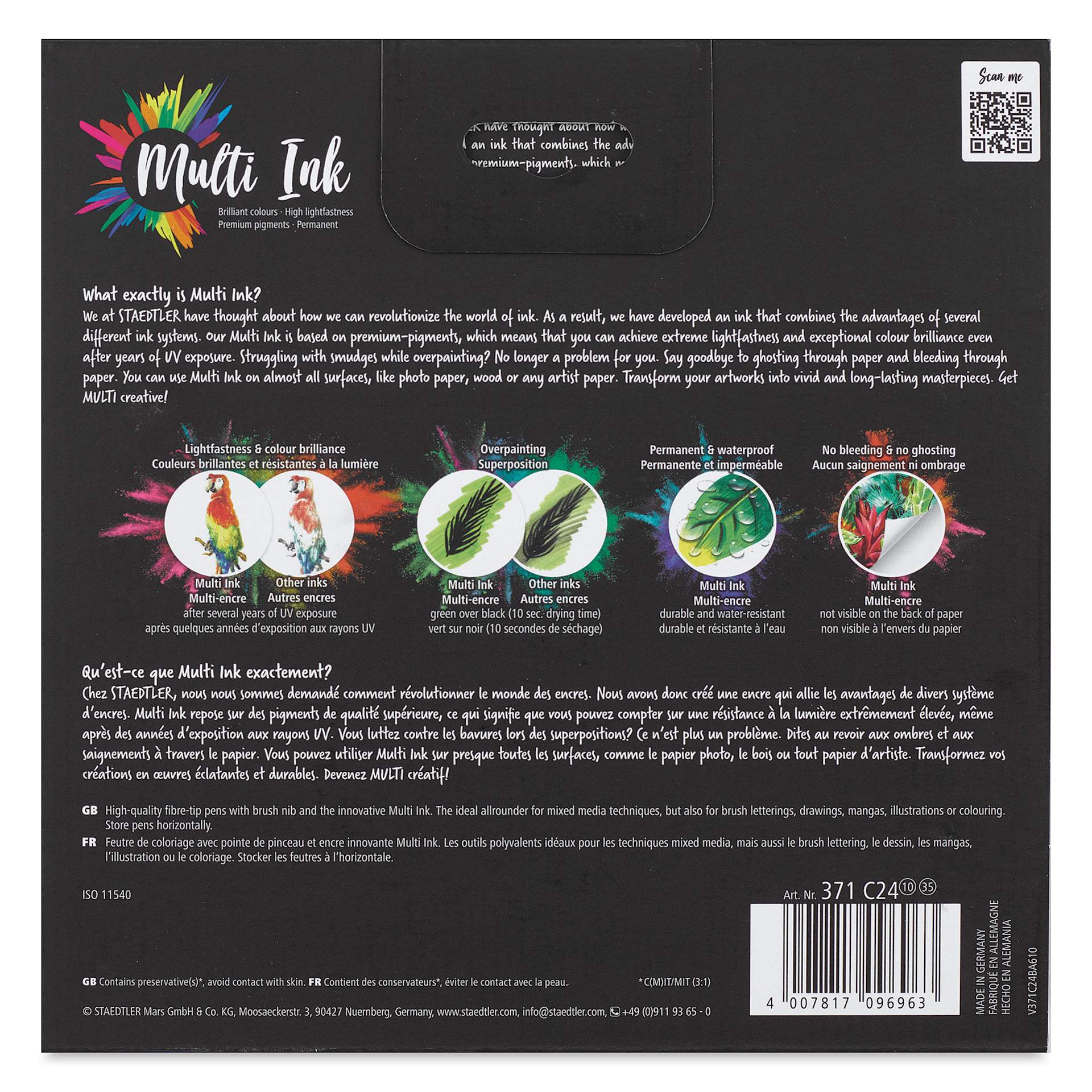 Staedtler Pigment Arts Brush Pens - Assorted Colors A, Set of 24, back of the packaging