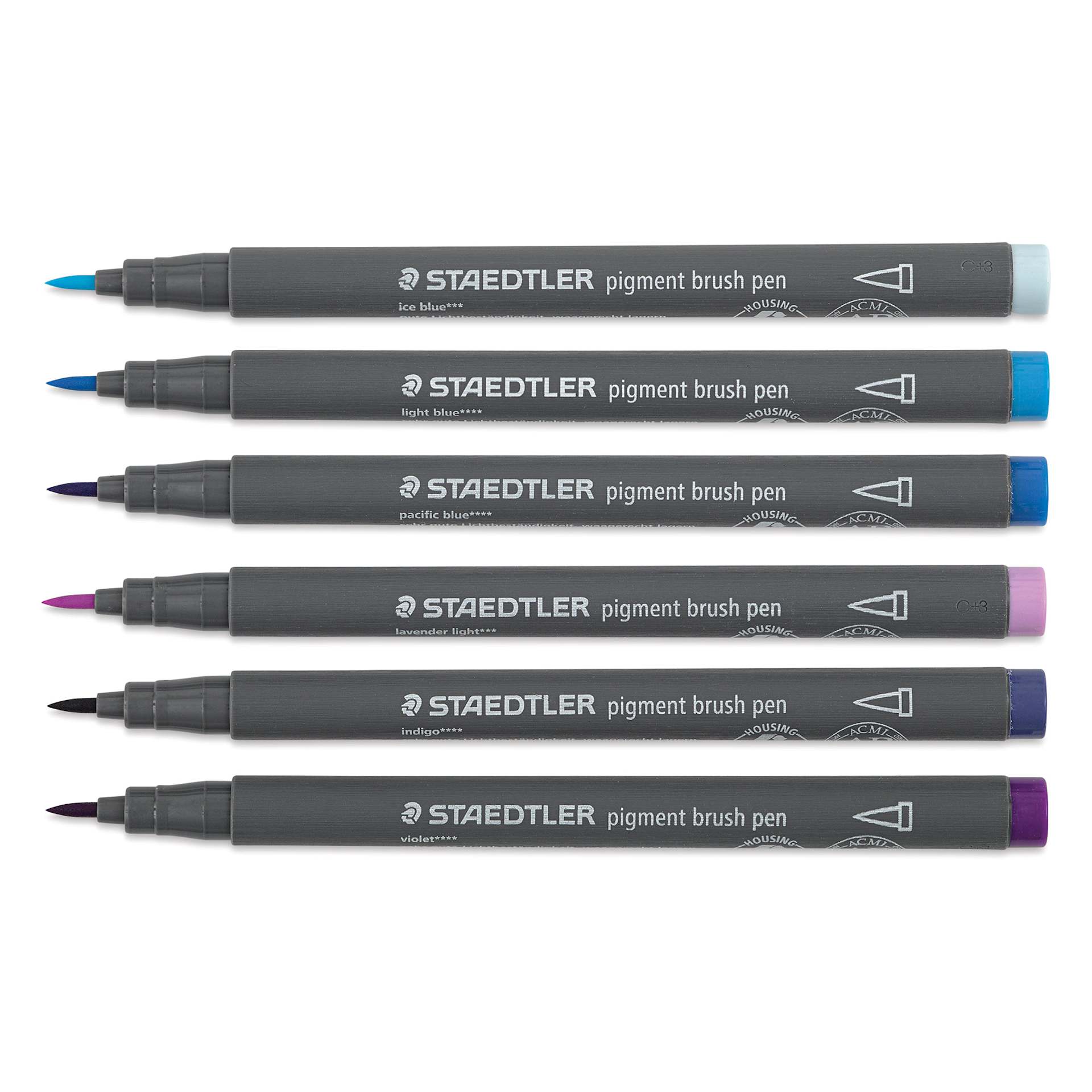 Staedtler Pigment Arts Brush Pens - Blues and Violets, Set of 6 pens laid out with caps off