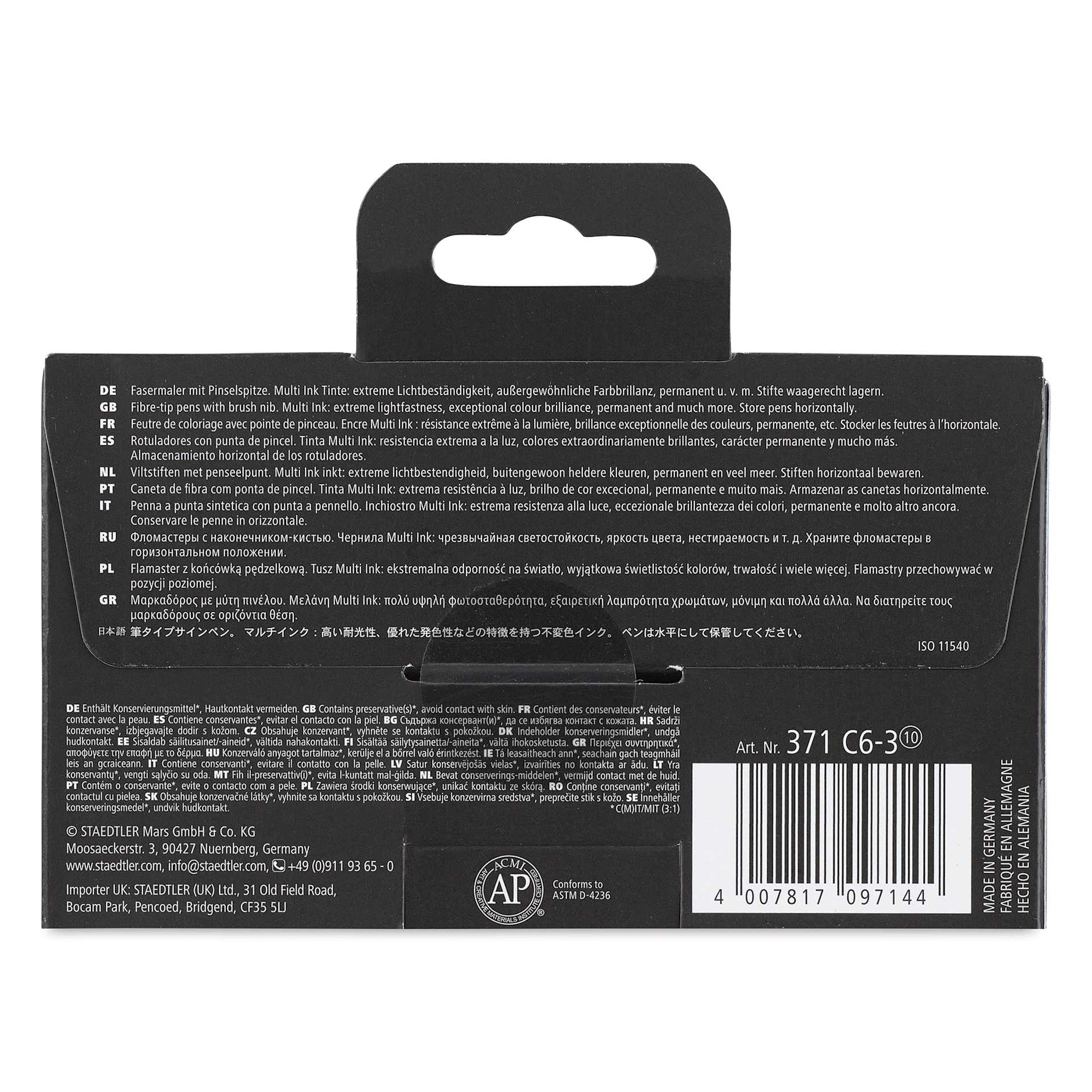 Staedtler Pigment Arts Brush Pens - Greens and Turquoises, Set of 6, back of the packaging