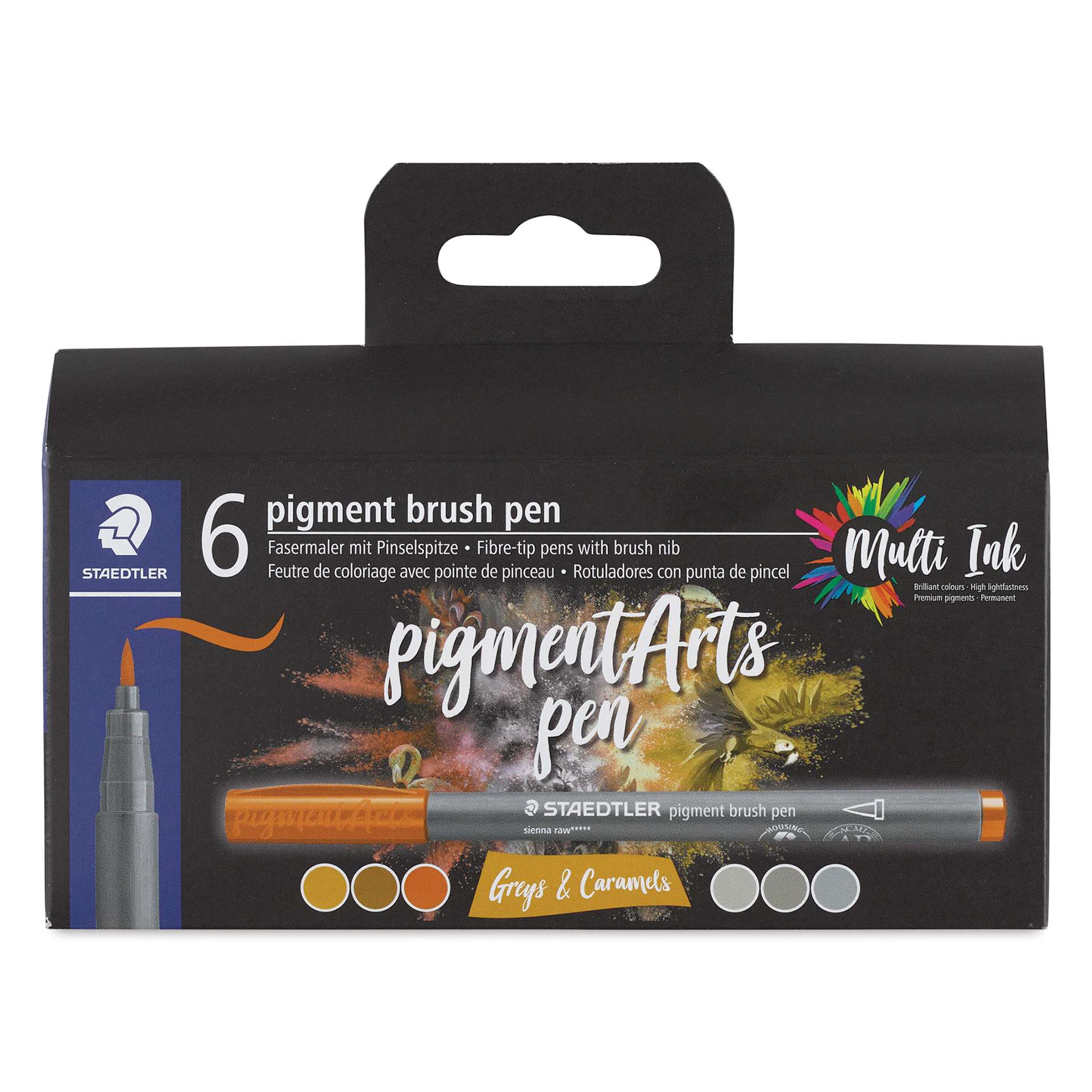Staedtler Pigment Arts Brush Pens - Greys and Caramels, Set of 6, front of the packaging