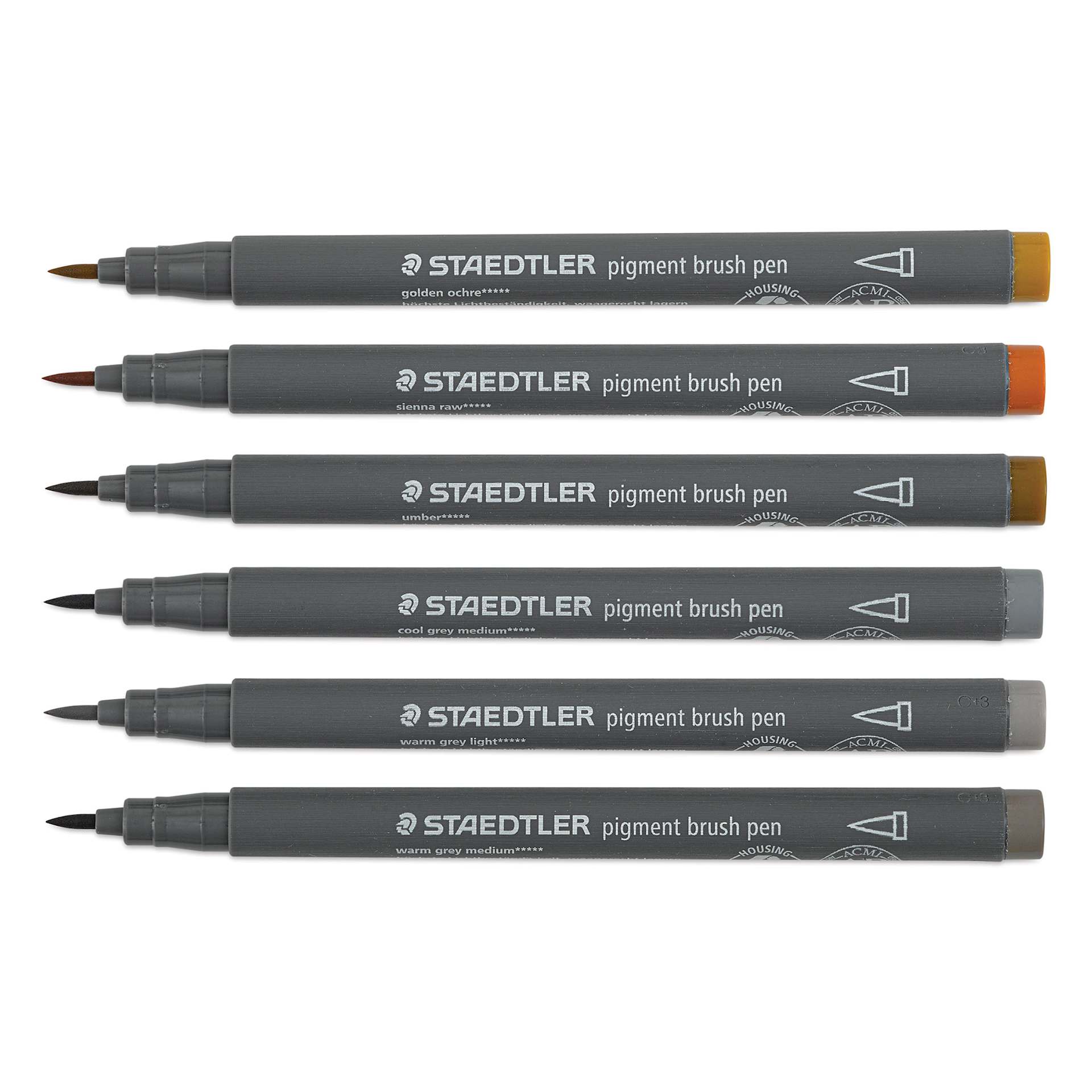Staedtler Pigment Arts Brush Pens - Greys and Caramels, Set of 6 pens laid out with caps off