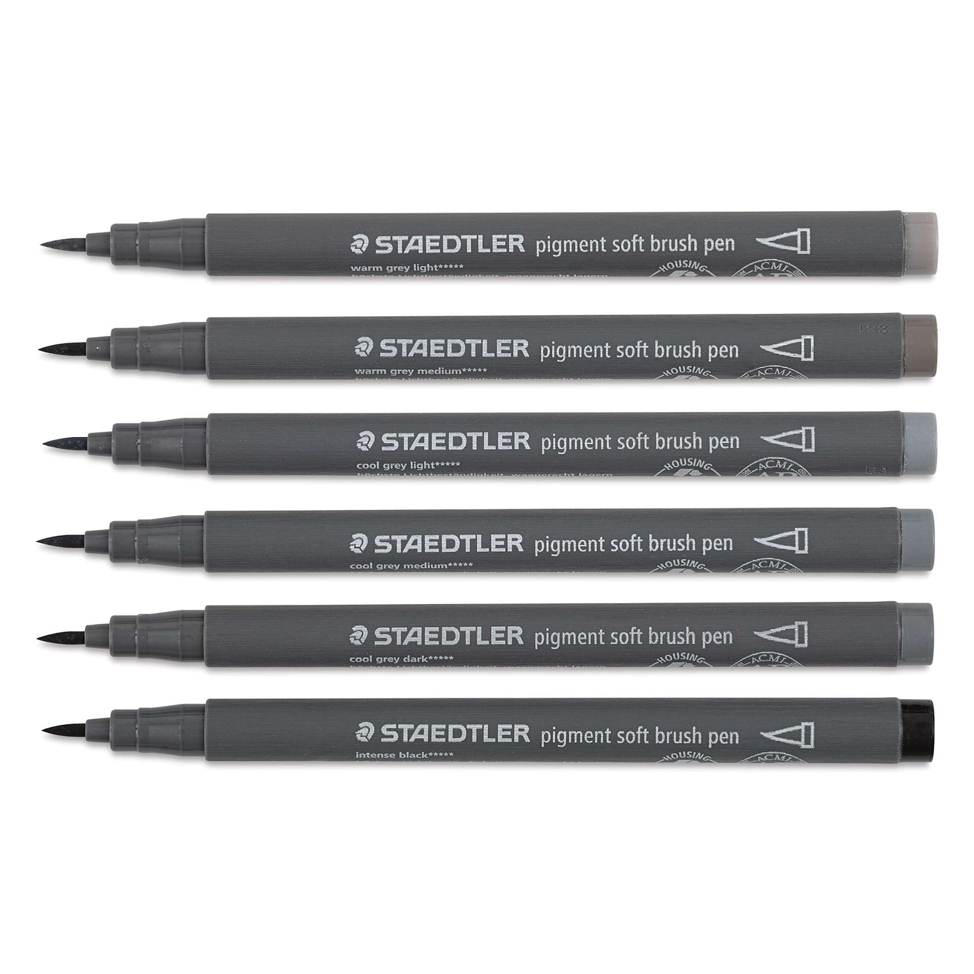 Staedtler Pigment Arts Soft Brush Pens - Grey Colors, Set of 6 pens laid out with caps off
