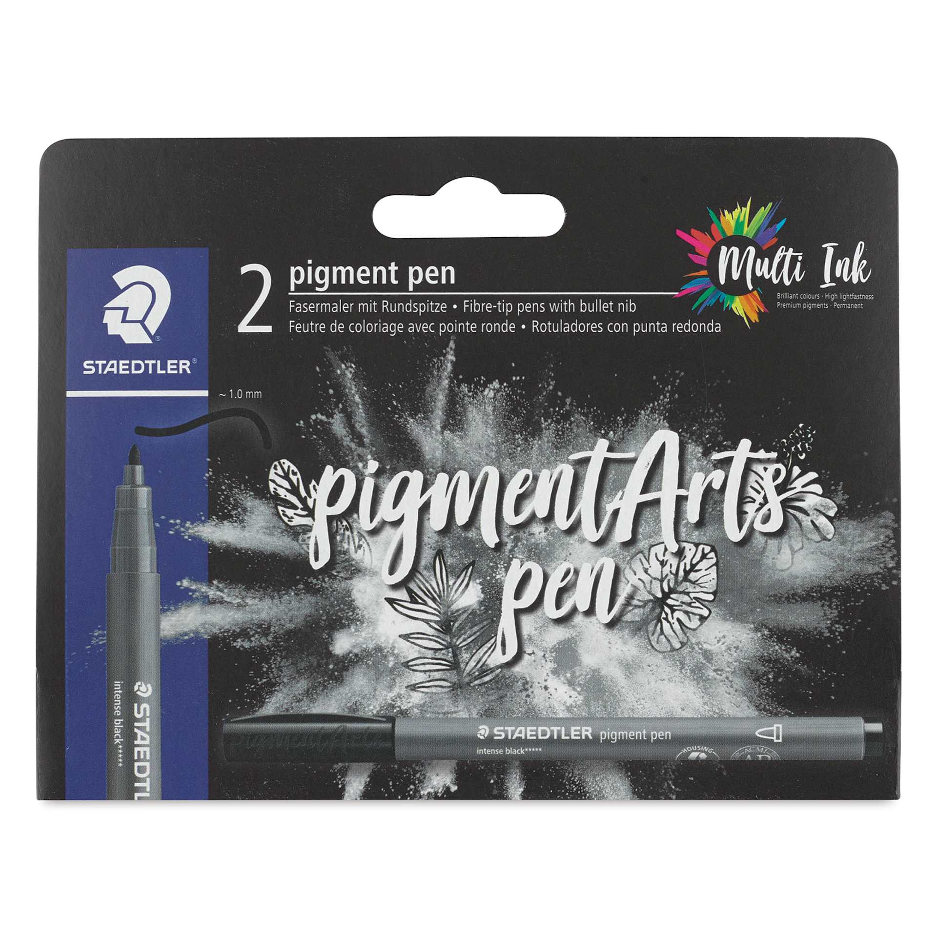 Staedtler Pigment Arts Pens - Intense Black, 1 mm, Bullet Tip, Pkg of 2, front of the packaging
