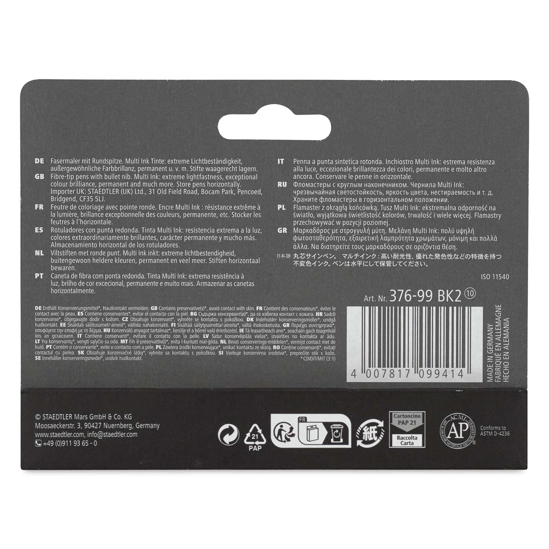 Staedtler Pigment Arts Pens - Intense Black, 1 mm, Bullet Tip, Pkg of 2, back of the packaging
