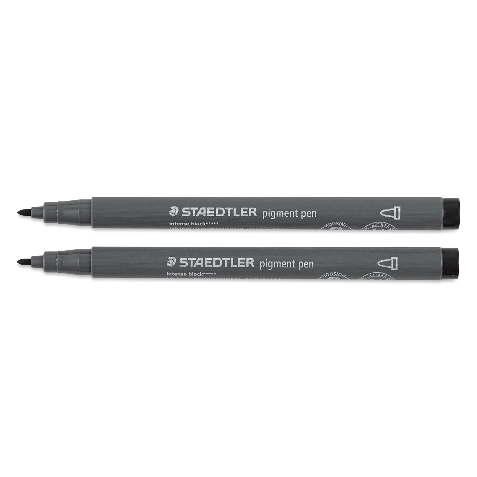Staedtler Pigment Arts Pens - Intense Black, 1 mm, two bullet-tip pens laid out with no caps